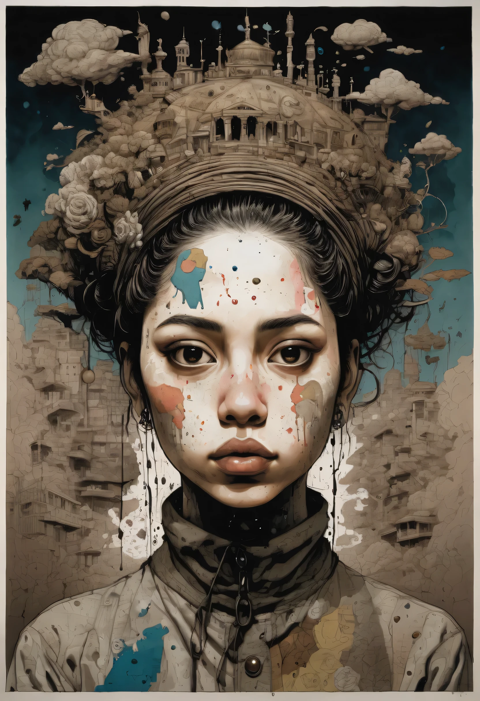 (( full color:2.4))、 the mental world of a mentally ill person 、 cute girl、 official、​masterpiece、 beautiful face、 high contrast、From an artistic angle、Awareness-raising、 delicate color、 profile、 delicate color、Post-Grunge、 concept art 、  paint splatter、 complicated details、Highly detailed eye 、 Trending at Art Station、 Jothan Gonzalez and Rop、 James Jean 、Victon Gai、 David Laban 、 Mike Mignola 、Loved by Lauri Lee 、 illustration inspired by Mevius's paintings、、an ink drawing inspired by jean メビウス giraud,