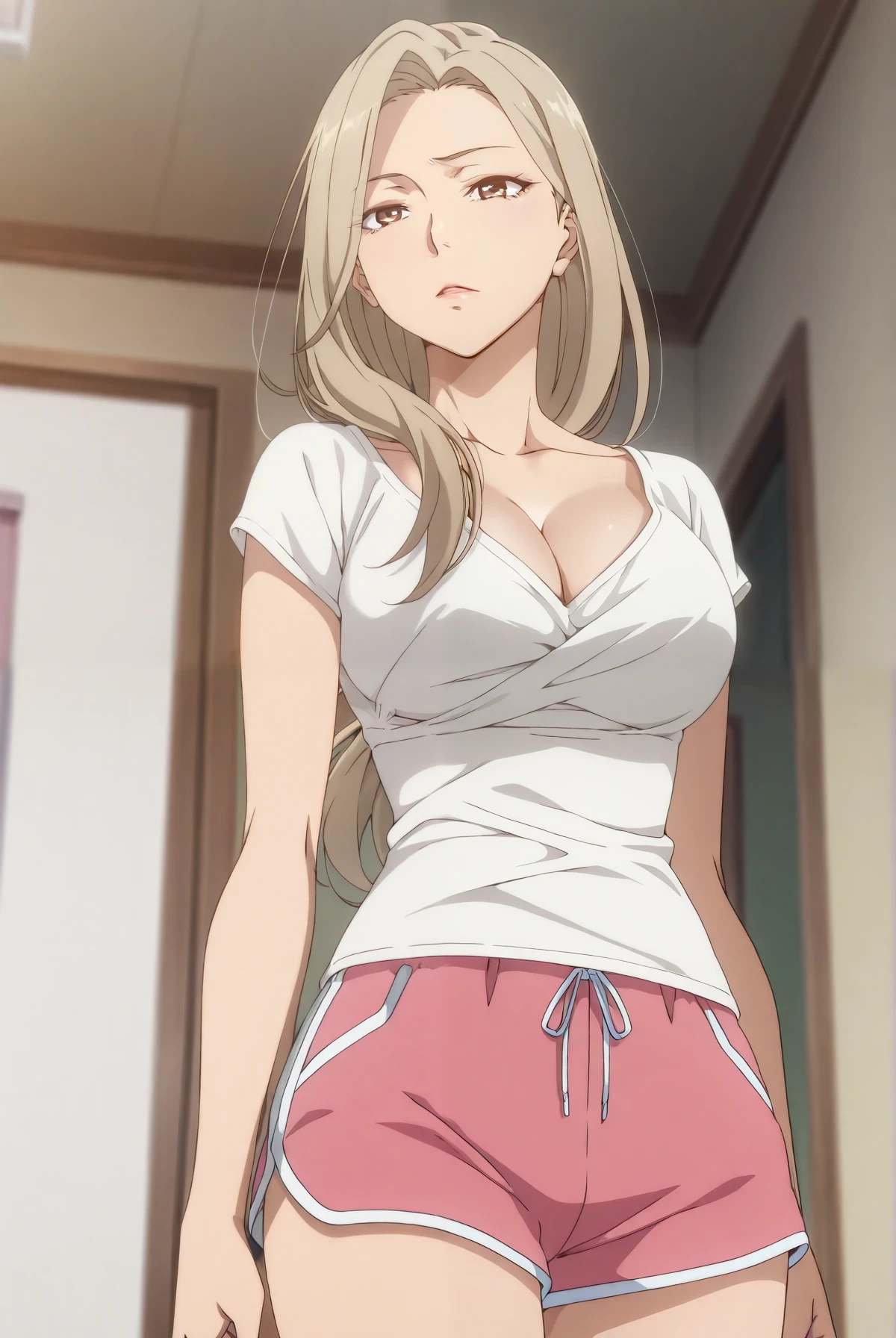 Anime girl in short shorts and white shirt standing in a hallway ...
