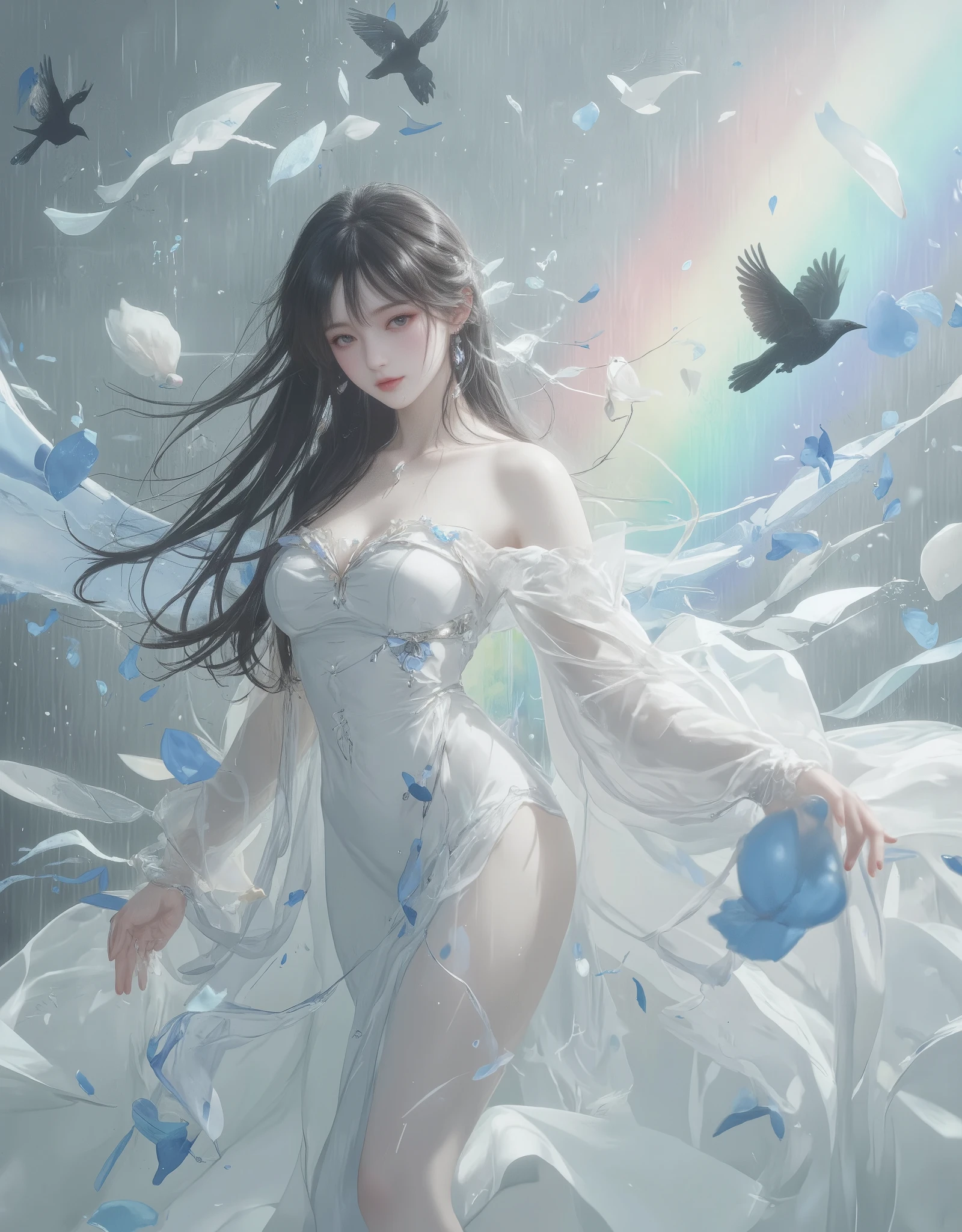 "Surreal, 激Shii風の中で、 silk dress is heated to stick to the body in the fierce wind, long hair,美Shii女性のシルエットプロフィール. model body type,Good breast size:1.2, The woman's body is detailed , It is composed of lines that make rain flow, Her figure blends into the wind. Delicate blue-petaled crows are flying around in the sky, Contrasting with the gentle white tone of the woman's body . Adding a sense of movement and life.  The background is textured , shortage々Shii, Foggy atmosphere,  gives the image a transcendental and dreamy texture ,Rainbow-colored flashes envelop a woman's body."