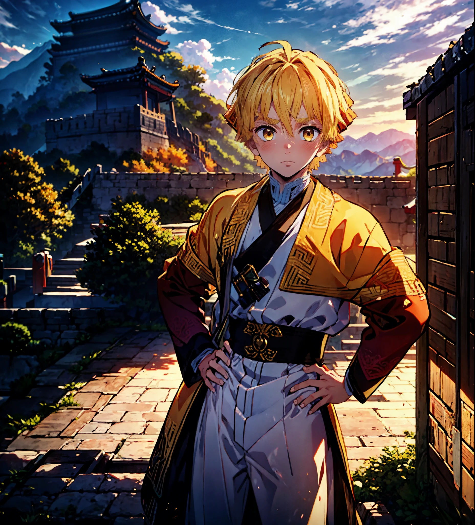 masterpiece, best quality, intricate details, (photorealistic:0.6), looking at viewer, depth of field, 1boy, solo, male focus, zenitsu_agatsuma, blonde hair, yellow eyes, short hair, bangs, cowboy shot, great wall of china, day, clouds, hand on hip, heart eyes, viking costume