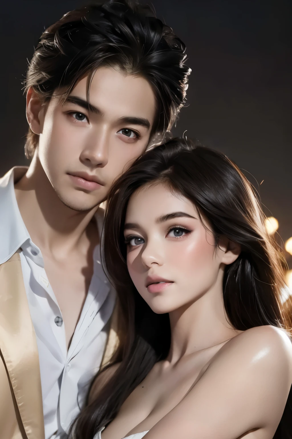 Best Couple Photos . สวมใส่ชุดจีนโบราณ คู่loveที่สง่างาม, Men, Dummies and Beautiful Women . Black hair color. Very Detailed Faces . Beautiful eyes ( Perfect eyes , Gorgeous Face). 8k resolution . Masterpiece. Romantic, love, Glow Light . Look at the audience. petal.