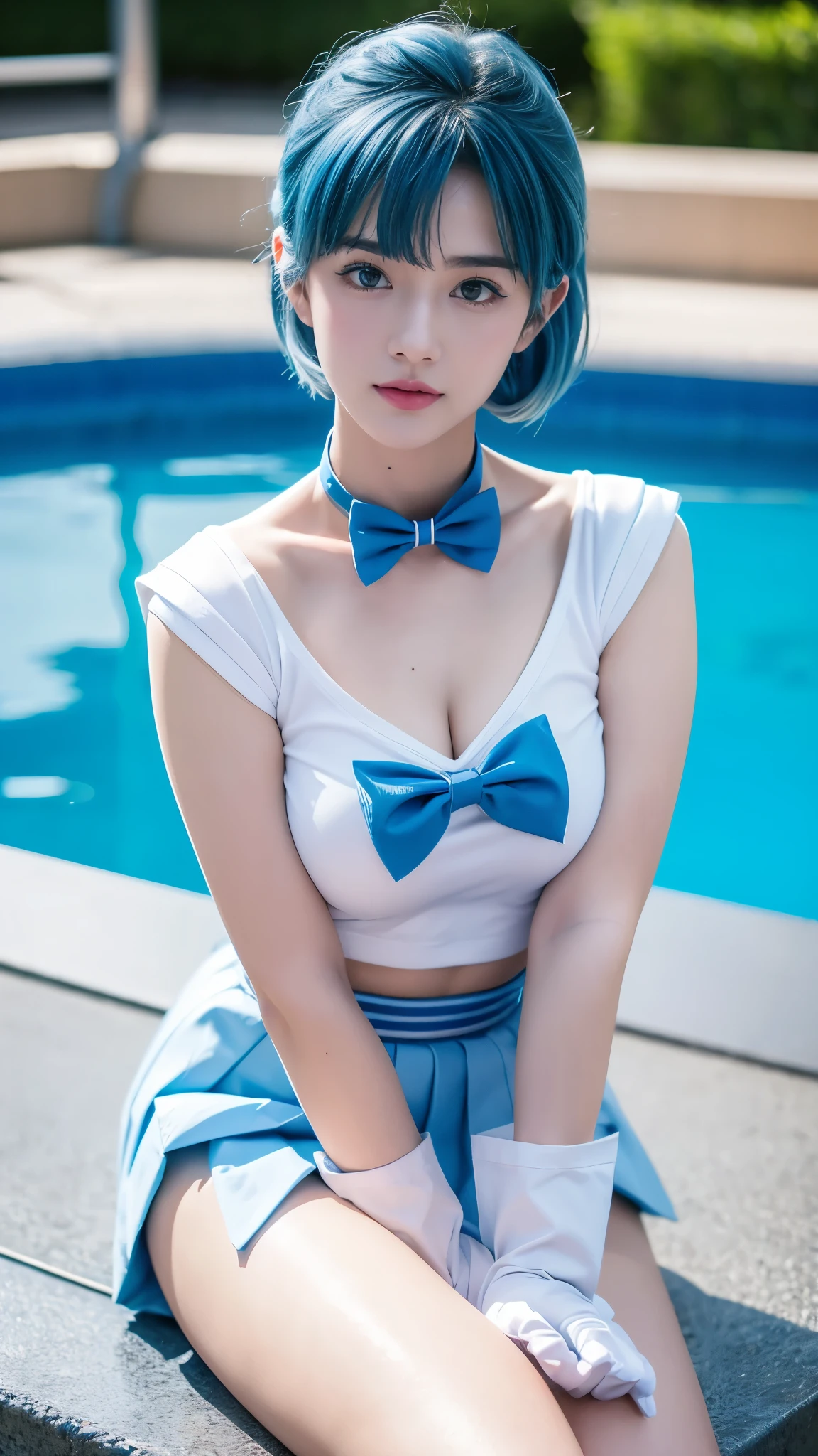 masterpiece, Highest quality, high resolution, (realistic), RAW photo, Octane rendering, Chubby face:1.1, sexy, Highest quality, Very detailed, Very accurate, Chubby face: 1.2, ((Wearing a Sailor Mercurry costume)), close-up of a girl in a sailor costume posing near a swimming pool, ((Japanese girl)), anime girl cosplay, anime cosplay, cosplay, cosplay photo, realistic cosplay, anime girl in real life, full-cosplay, Sailor Mercurry. beautiful, baby face, light makeup, natural makeup, big breasts, tall and large body posture, thin lips, pink lips, pleated skirt, super short mini skirt, realistic anime photo, professional cosplay, sailor uniform, Sailor Moon style, ((blue skirt, blue sailor collar, blue choker, bow tie on the chest, light blue bow tie)), (((blue hair))), short hair, ((Sailor Mercurry signature hair)), long gloves, ((white gloves)), blue eyes, tiara, crescent moon earrings, (((background by the poolside))), body drawn perfectly, perfect hands and feet, perfect finger details, Sailor Mercurry, Sailor Meecurry cosplay, realistic.