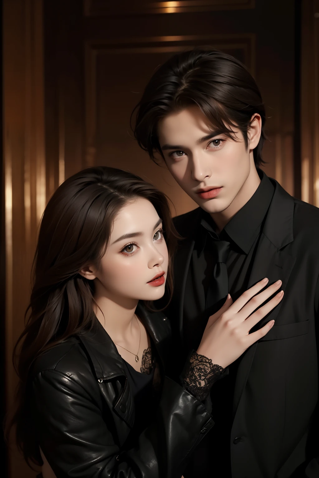 couple,  male,  female with brown hair,  masterpiece,  best quality:1.4,  vampire vibes,  1girl,  1boy,  supernatural background,  supernatural costumes
