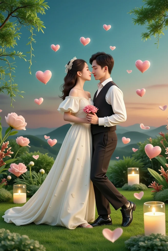 Share a romantic dance , Valentine's Day,一对情侣在迷人的garden中心跳浪漫的舞蹈. The scene is illuminated by floating candles and lanterns , projects a warm , Gently. garden , From the delicate petals of the flower to the verdant leaves , The intricate details are presented in amazing 8K resolution . The couple, Indulge in your arms , Exudes deep love and connection . The atmosphere is full of fantastic magic , The surroundings are highlighted by soft light and serene beauty .