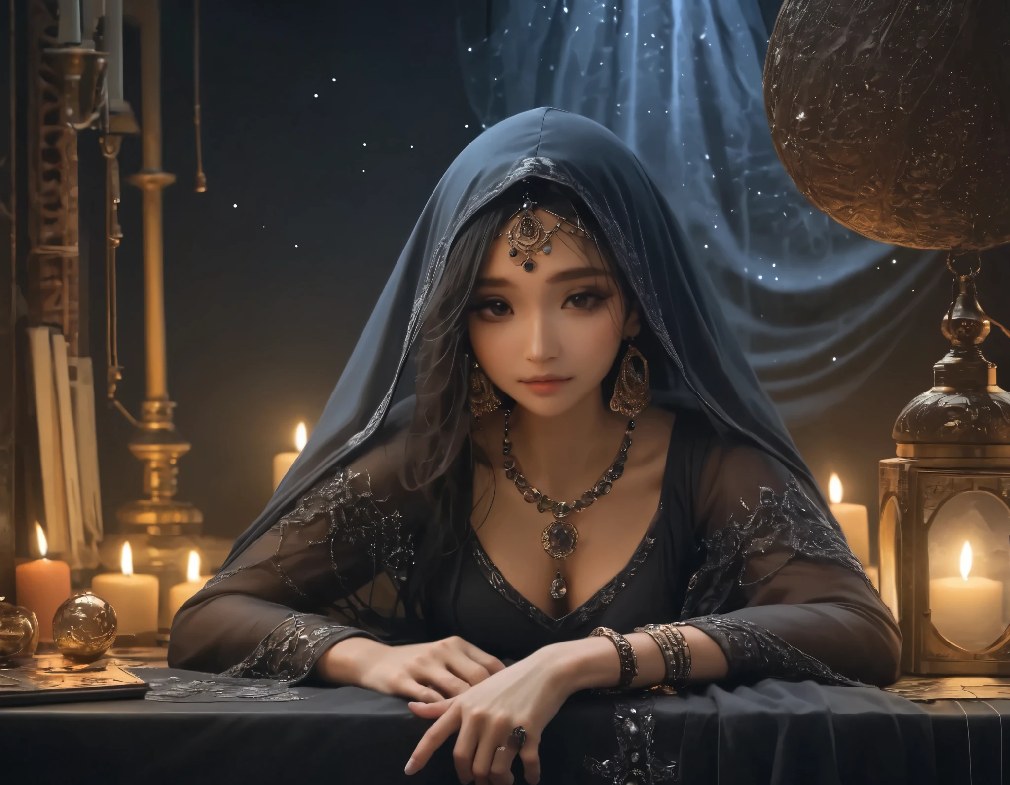 quality\(8k,wallpaper of extremely detailed CG unit, ​masterpiece,hight resolution,top-quality,top-quality real texture skin,hyper realisitic,increase the resolution,RAW photos,best qualtiy,highly detailed,the wallpaper,cinematic lighting,ray trace,golden ratio\), BREAK ,solo,1girl\(Astrologer,Arabic, face hidden by dark shadow,(face veil:1.7),dark skin, shiny skin, cleavage, wearing head_scarf\(shawl\),wearing bedlah\(belly_dance dress\), crystal jewelry, smiling mouth under face veil, black hair, long hair, wavy hair, bracelets, necklace, earrings), BREAK ,background\((very dark:1.4),many items\((tarot_card:1.3),big beautiful crystal ball, pendulum, pendulum board, astrolabe, candelabra\(candles\)\) on the table, shiny runes floating in air, dark sky\(many shiny stars\(zodiacs\)\)\),(long shot),(wide shot),from bottom