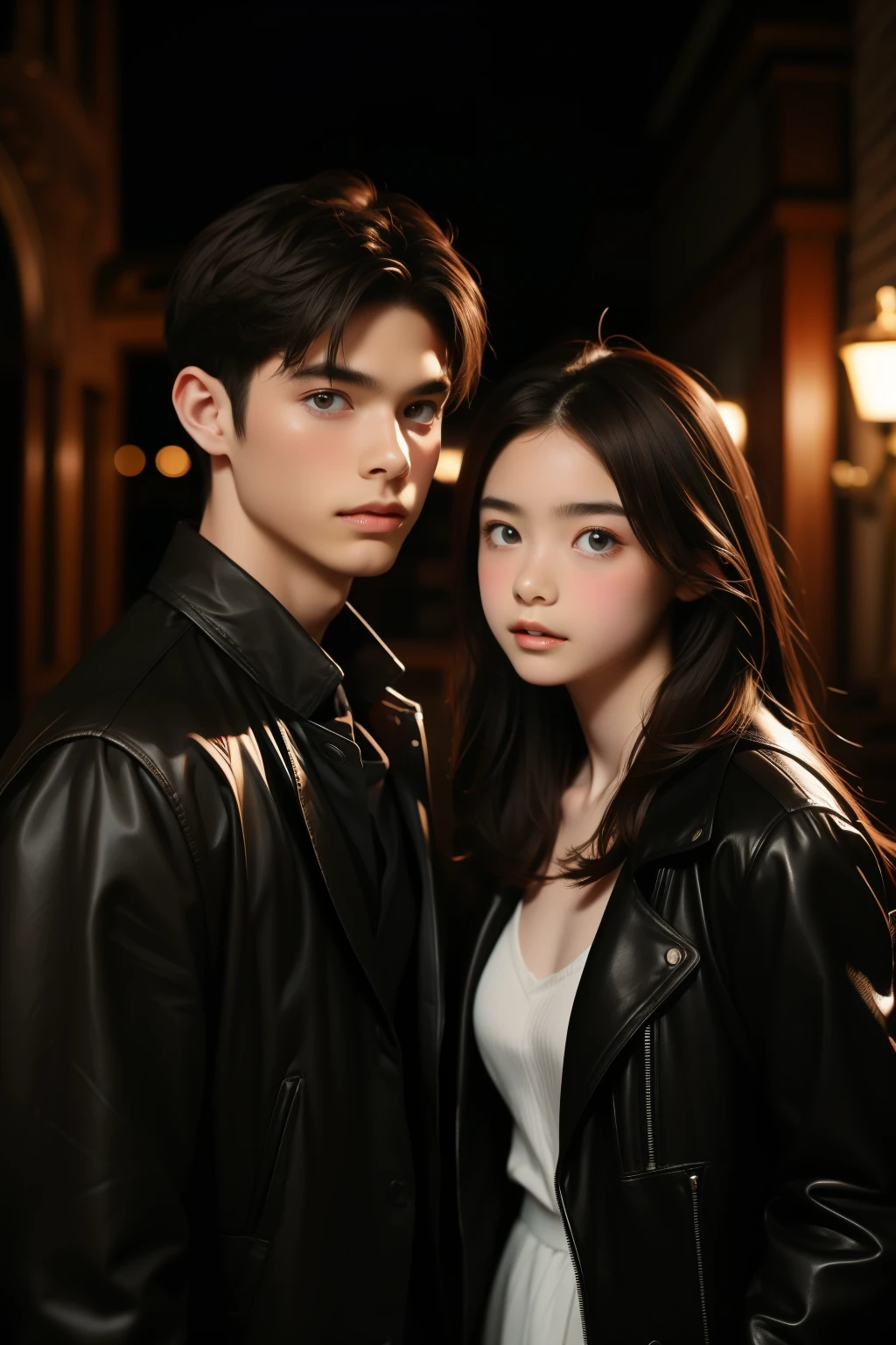 couple,  male,  female with brown hair,  masterpiece,  best quality:1.4,  vampire vibes,  1girl,  1boy,  supernatural background,  supernatural costumes