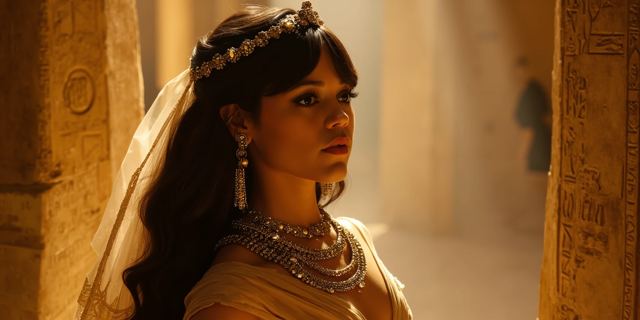 The image showcases a striking portrayal of Cleopatra, set against an ancient Egyptian backdrop. The composition is rich with intricate hieroglyphs and grand stone architecture, framing the character in a regal manner. Cleopatra is adorned in opulent jewelry and traditional attire, her expression exuding confidence and allure. Volumetric light streams through the scene, casting ethereal rays that illuminate her features, enhancing the mystical ambiance. The warm, golden hues of the lighting contrast beautifully with the cooler tones of the background, creating a dynamic visual depth that draws the viewer's eye. The genre blends historical fantasy with realism, inviting an exploration of ancient Egyptian culture through a contemporary artistic lens.