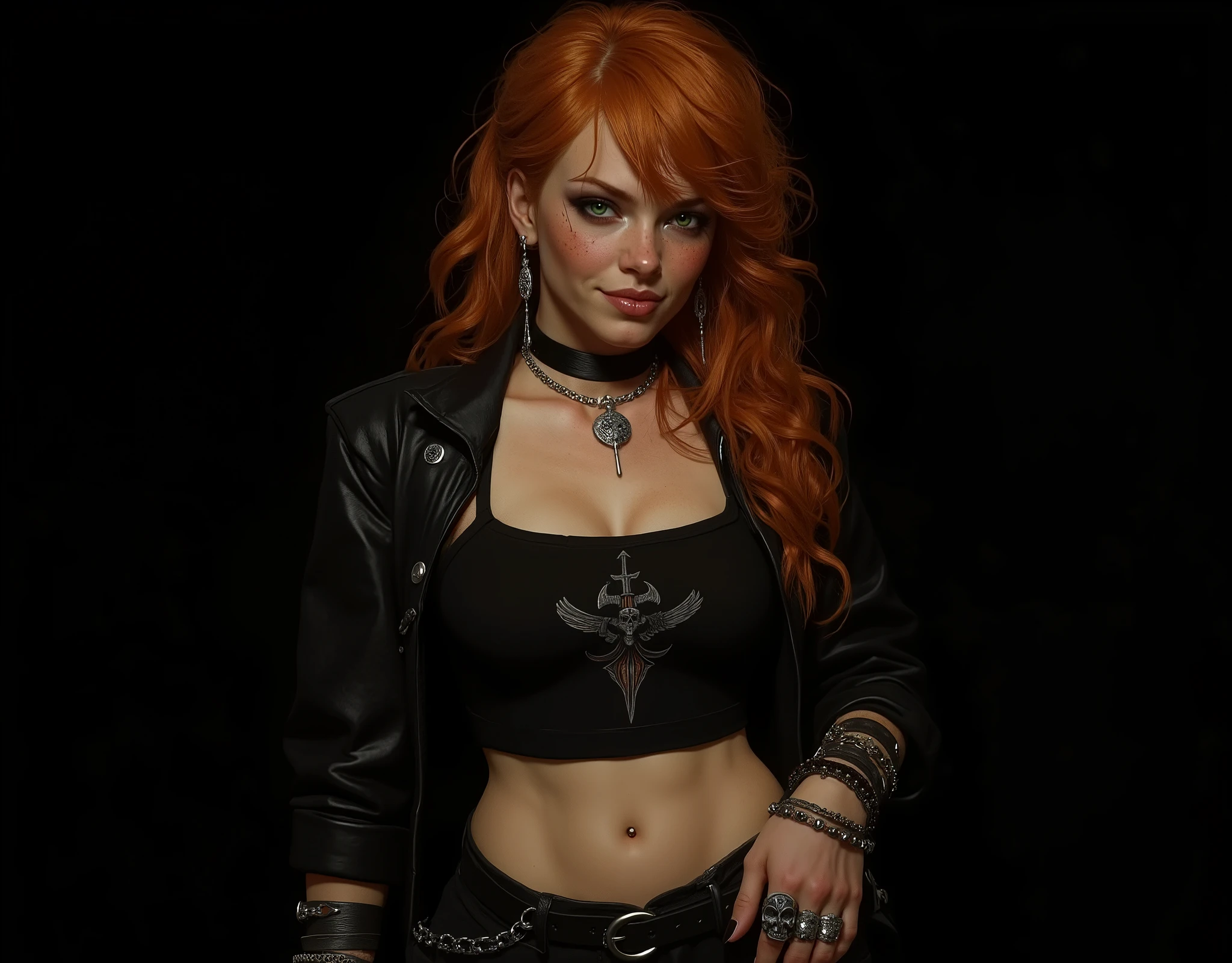 ((artwork, highest quality, Highest image quality, high resolution, photorealistic, CRU photo, 8k)),(best quality, 4k, high resolution, masterpiece: 1.2), ultra detailed, (realistic, photorealistic: 1.37), ray tracing, image of a girl, close-up of the bust, very pretty, pure black background ideal for wallpaper, extra detailed body, extraordinarily sensual, very expressive, seductive face. She is wearing metal framed reading glasses, she is listening to music with headphones on her head. She is wearing a black heavy metal leather jacket with the sleeves rolled up, a black leather choker with a ring, under the jacket a black t-shirt with a showing abdomen and a metal music band logo, large chest, tight black leather pants with chains, black sneakers, many bracelets on both arms, a silver skull ring on her hand, very detailed skin, The woman is beautiful and radiant, strong, powerful, sun-kissed brown skin, blush on her cheeks, she is freckled, very long, curly and disheveled orange-red hair that falls to her chest, very detailed, layered hair with bangs. Very expressive dark green eyes, long eyelashes, thick, wet and pink lips. She smiles mysteriously and sensually at the camera. He stands defiantly in front of the camera. In his hands he holds an AR15 assault rifle with an X4 reflex sight and a silencer. Pure black background ideal for wallpaper, cold lights, cinematic lighting, dark colors, photorealistic, 8k, ultra detailed, masterpiece, comic cover, illustration, HDR-10, Ultra High Definition, studio lighting, ultra fine painting, sharp focus, physical representation, extremely detailed description, professional, vivid colors, concept art.