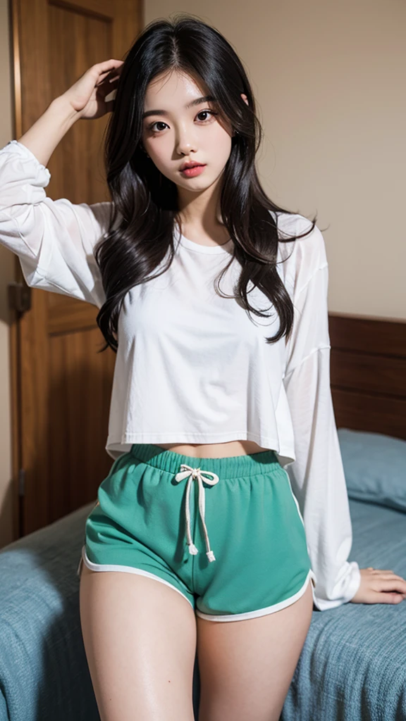 room with white walls and white floor、18 year old Korean woman sits on the floor with legs apart、Staring straight ahead.、looking here、Green shorts、white t-shirt、smile、sitting on the floor、cute、legs open、thin、cute、