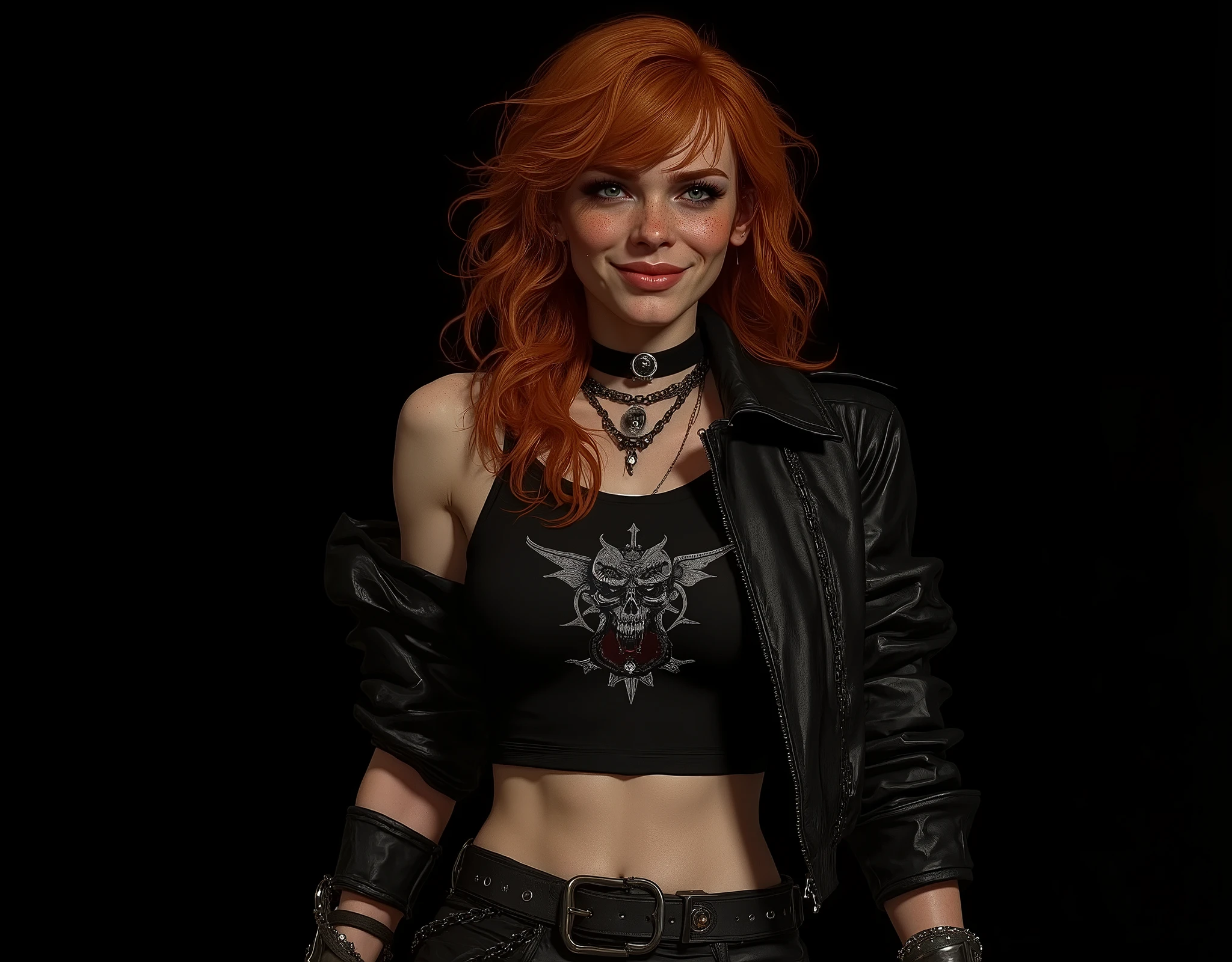 ((artwork, highest quality, Highest image quality, high resolution, photorealistic, CRU photo, 8k)),(best quality, 4k, high resolution, masterpiece: 1.2), ultra detailed, (realistic, photorealistic: 1.37), ray tracing, image of a girl, close-up of the bust, very pretty, pure black background ideal for wallpaper, extra detailed body, extraordinarily sensual, very expressive, seductive face. She is wearing metal framed reading glasses, she is listening to music with headphones on her head. She is wearing a black heavy metal leather jacket with the sleeves rolled up, a black leather choker with a ring, under the jacket a black t-shirt with a showing abdomen and a metal music band logo, large chest, tight black leather pants with chains, black sneakers, many bracelets on both arms, a silver skull ring on her hand, very detailed skin, The woman is beautiful and radiant, strong, powerful, sun-kissed brown skin, blush on her cheeks, she is freckled, very long, curly and disheveled orange-red hair that falls to her chest, very detailed, layered hair with bangs. Very expressive dark green eyes, long eyelashes, thick, wet and pink lips. She smiles mysteriously and sensually at the camera. He stands defiantly in front of the camera. In his hands he holds an AR15 assault rifle with an X4 reflex sight and a silencer. Pure black background ideal for wallpaper, cold lights, cinematic lighting, dark colors, photorealistic, 8k, ultra detailed, masterpiece, comic cover, illustration, HDR-10, Ultra High Definition, studio lighting, ultra fine painting, sharp focus, physical representation, extremely detailed description, professional, vivid colors, concept art.