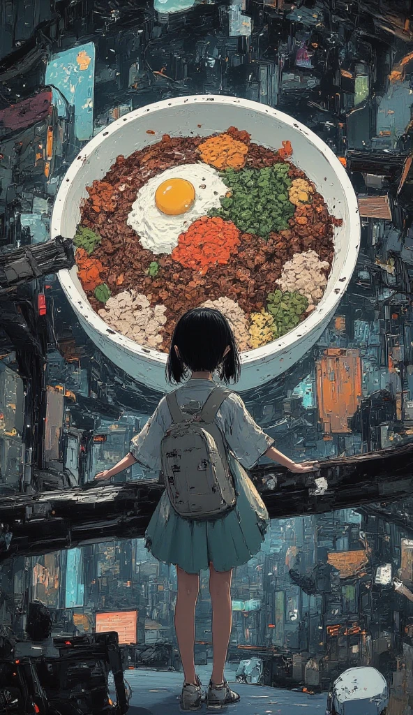 A large expanse of water in space, beautiful landscape. bird's eye view of beautiful super gigantic huge realistic Bibimbap\(korean rice bowl with Namul and kimchi\) as large as universe. photogenic. focus Bibimbap,close up gigantic Bibimbap. korean local old town,korean girl