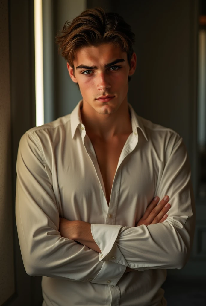 Detailed CG Unity 8K Wallpapers,masutepiece, Best Quality, Ultra-detailed, white background, a beautiful 25-year-old man with short dark-blond hair, short hair, blue eyes and pale skin, masculine posture