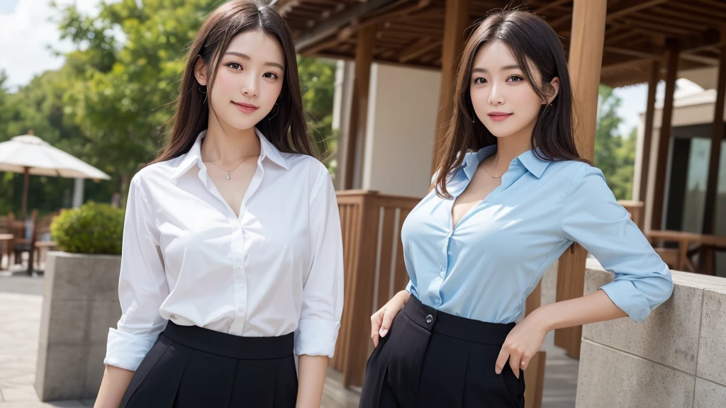 (High quality,4K,8K,hight resolution,masutepiece:1.2),Ultra-detailed,(Realistic,Photorealistic,Photorealsitic:1.37), Portraits, Beautiful detailed eyes, Beautiful detailed lips, Short hair, uniform, 16yo girl, Long hair girl in casual dress sitting in coffee shop, gesture, mare, Professional, Vibrant colors, Soft lighting, subtle shadows, Hair strands, buttoned shirt, Pleated skirt, breezing, Stunning graceful posture, confident expression, Expressive eyes, Curved eyelashes, subtle blush, Sparkling Highlights, Sharp details, Soft skin, Precise shading, Bright atmosphere, dynamic compositions, lifelike rendering, small round eyes, Indonesian girls, Attractive small rounded eyes shiny pink lips, Seductive cute smile, Full Portrait