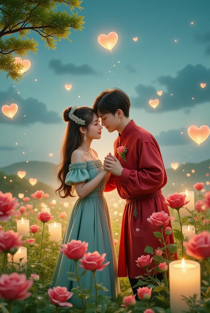 Share a romantic dance , Valentine's Day,一对情侣在迷人的garden中心跳浪漫的舞蹈. The scene is illuminated by floating candles and lanterns , projects a warm , Gently. garden , From the delicate petals of the flower to the verdant leaves , The intricate details are presented in amazing 8K resolution . The couple, Indulge in your arms , Exudes deep love and connection . The atmosphere is full of fantastic magic , The surroundings are highlighted by soft light and serene beauty .