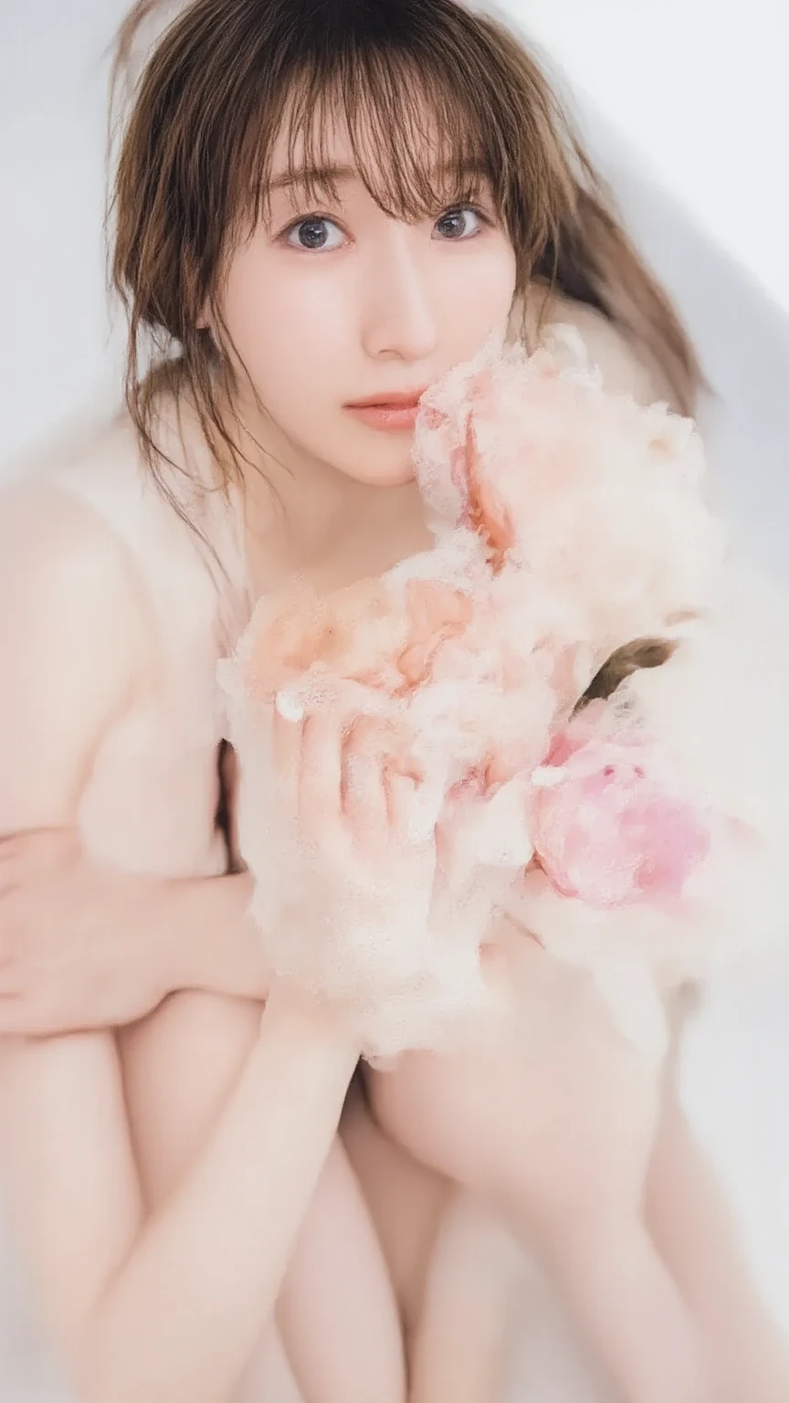 One girl,(background: garden:2),View your viewers,photoRealistic,Realistic,alone,In a bathtub with bubbles,in garden,petal,Flowers,