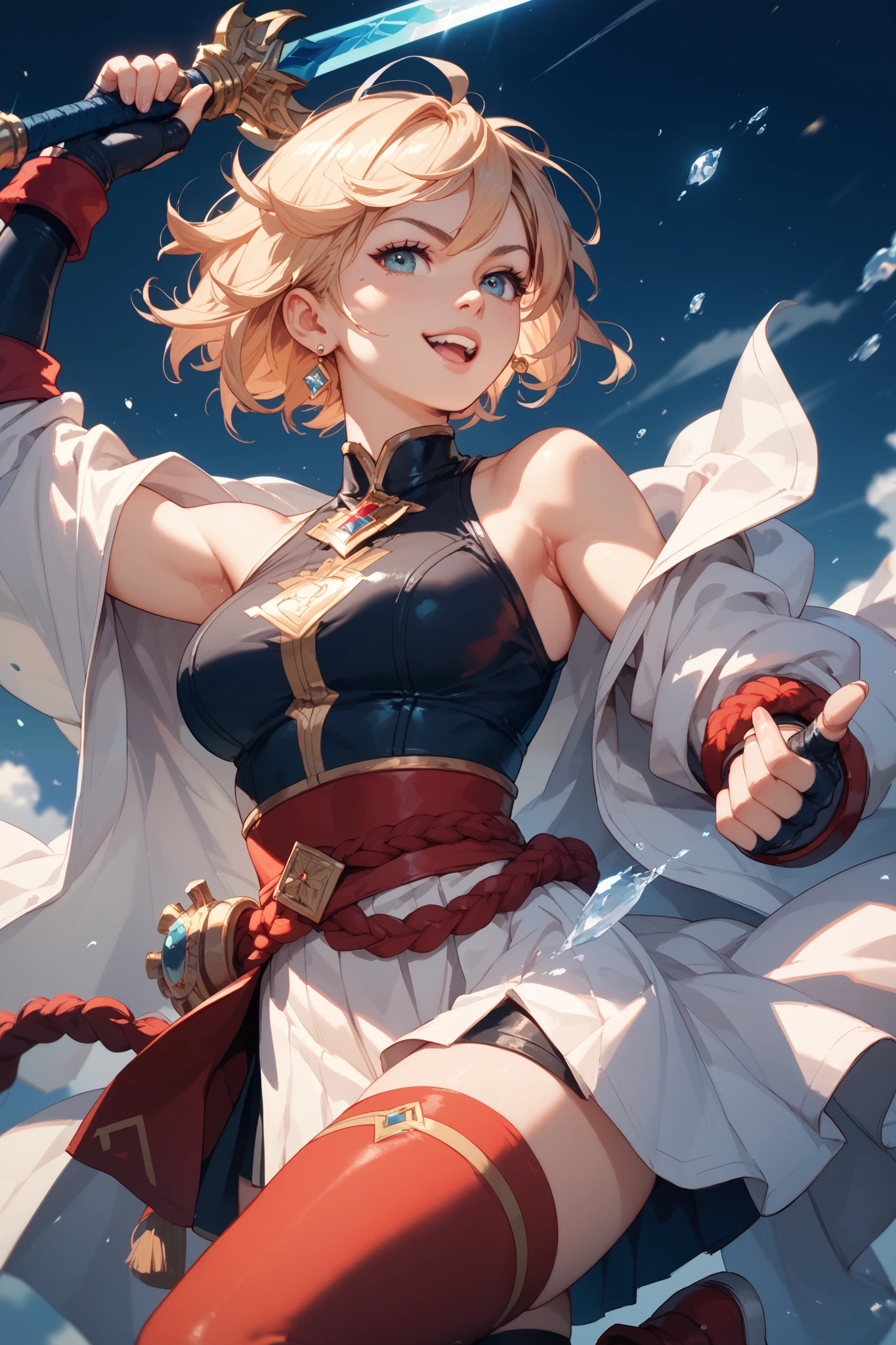 girl, whole body, short hair, Blonde, small, yellow, smile,Circus広場, Lion, Red and navy blue costume,High leg衣装,Circus,Beast Charmer,High leg,