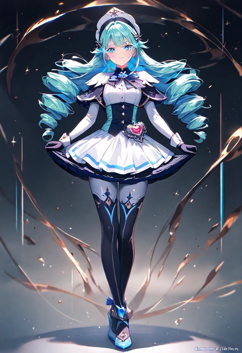 ((Masterpiece)),(Best quality),(Detailed),(1girll), Light pink and white-cyan gradient hair, light blue glowing eyes, updo, Wearing a white shirt and black skirt, looks down on a viewer