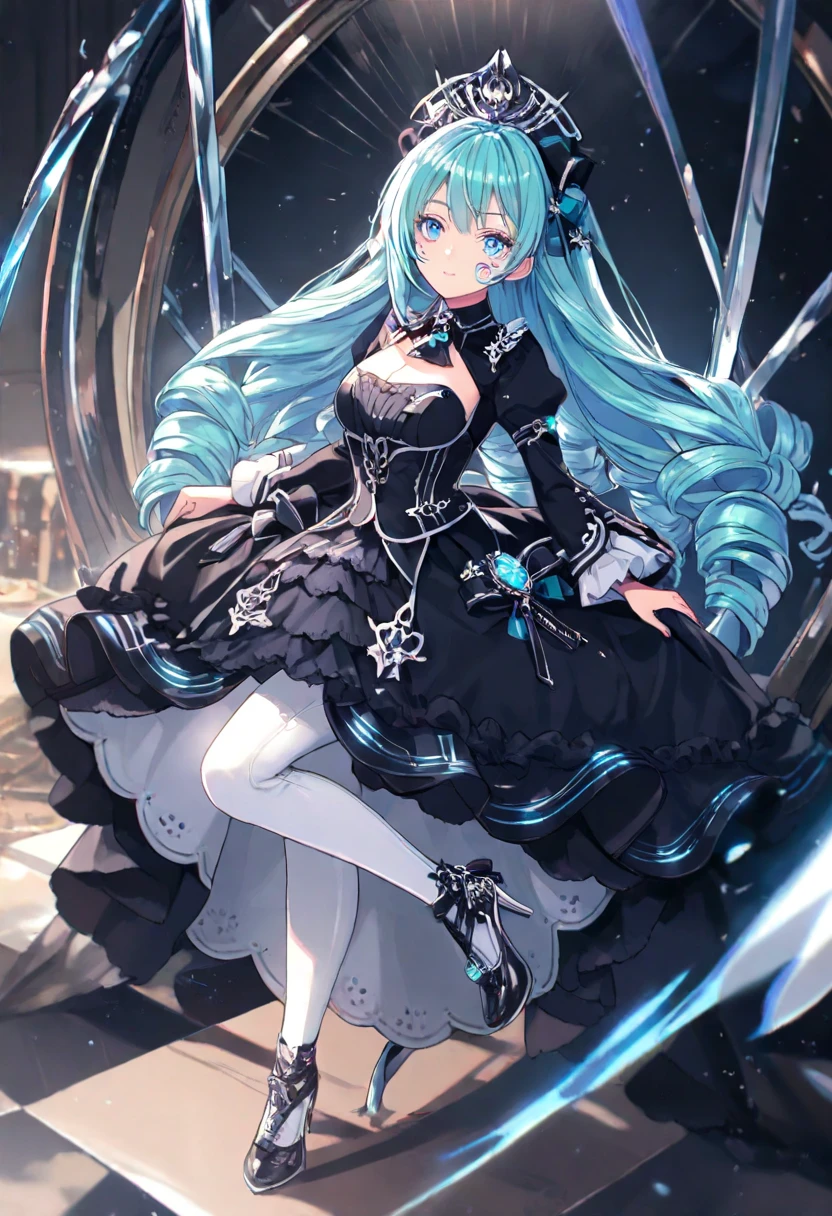 best qualityer,tmasterpiece,Ultimate resolution,downy,Extremely colorful,Colorful,Elven girl,Complete body,Black and white double ponytail,Lolita long dress, White stockings Long legs,Muffin shoes,closeup of face,In a deep-sea environment,Soak with water