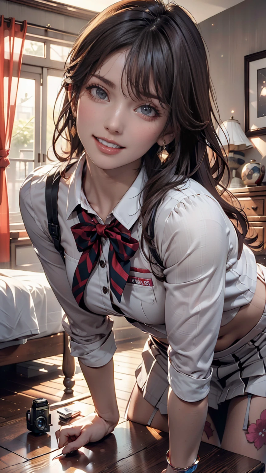 masterpiece, Highest quality, Twitch-chan, Hair Clip, hair ornaments, Collared shirt, No sleeve, tie, gloves, sitting behind a desk, View your viewers, smile, wave hands, bedroom, bed, computer mouse, keyboard 、24-year-old woman、Sexy proportionature female body、Sexy proportionakeup、Textured skin((textured skin))、smile、Narrow waist