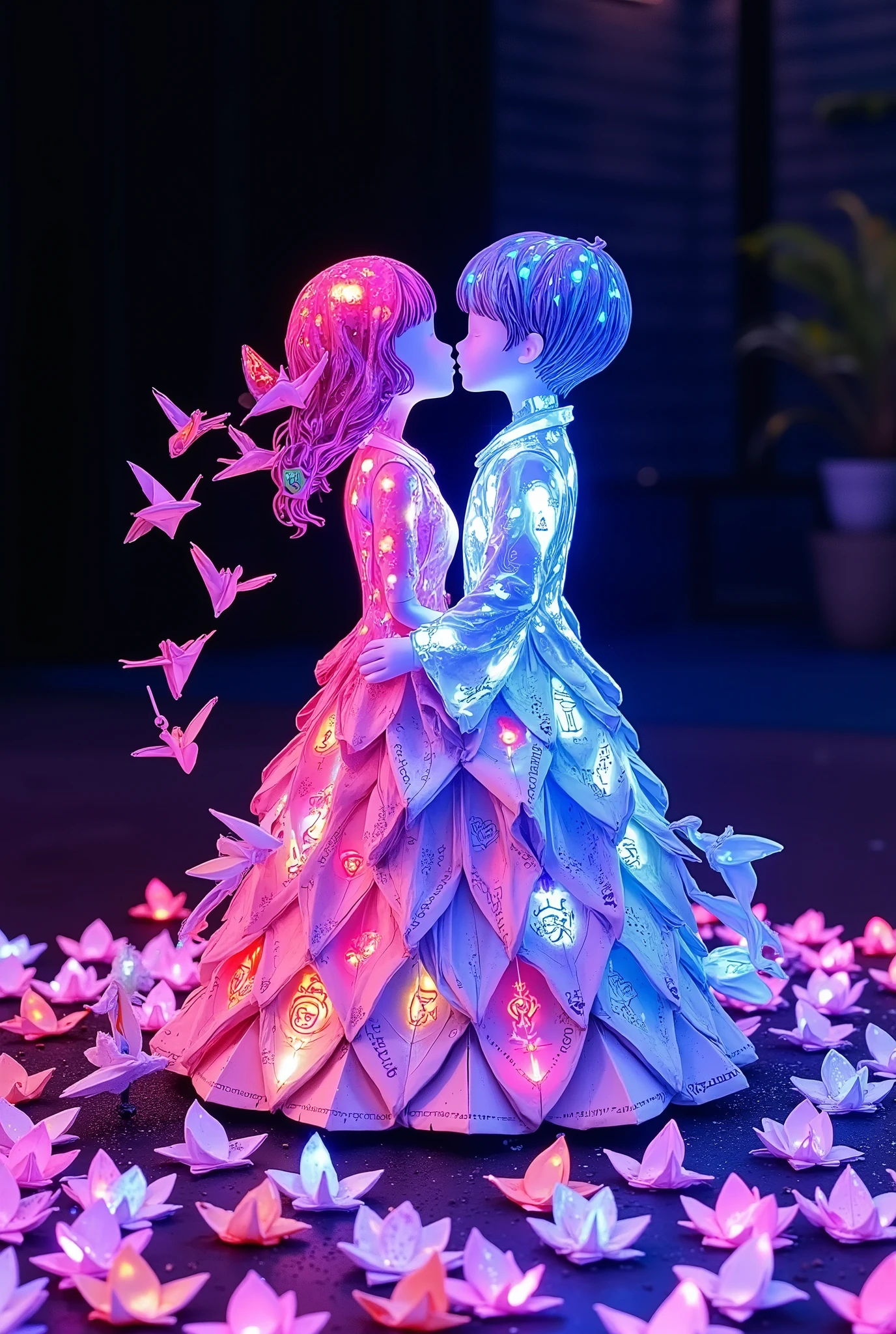 The Kissing Couple Figurine is folded from thousands of origami sheets, each glowing with neon pink and cyber blue LED edges. As they kiss, their paper bodies unravel into fractal cranes that dissolve into binary code. The ground beneath is a grid of holographic origami lotus flowers, each petal displaying a pixelated memory of their embrace. A digital rain of kanji characters falls around them, forming temporary love poems.