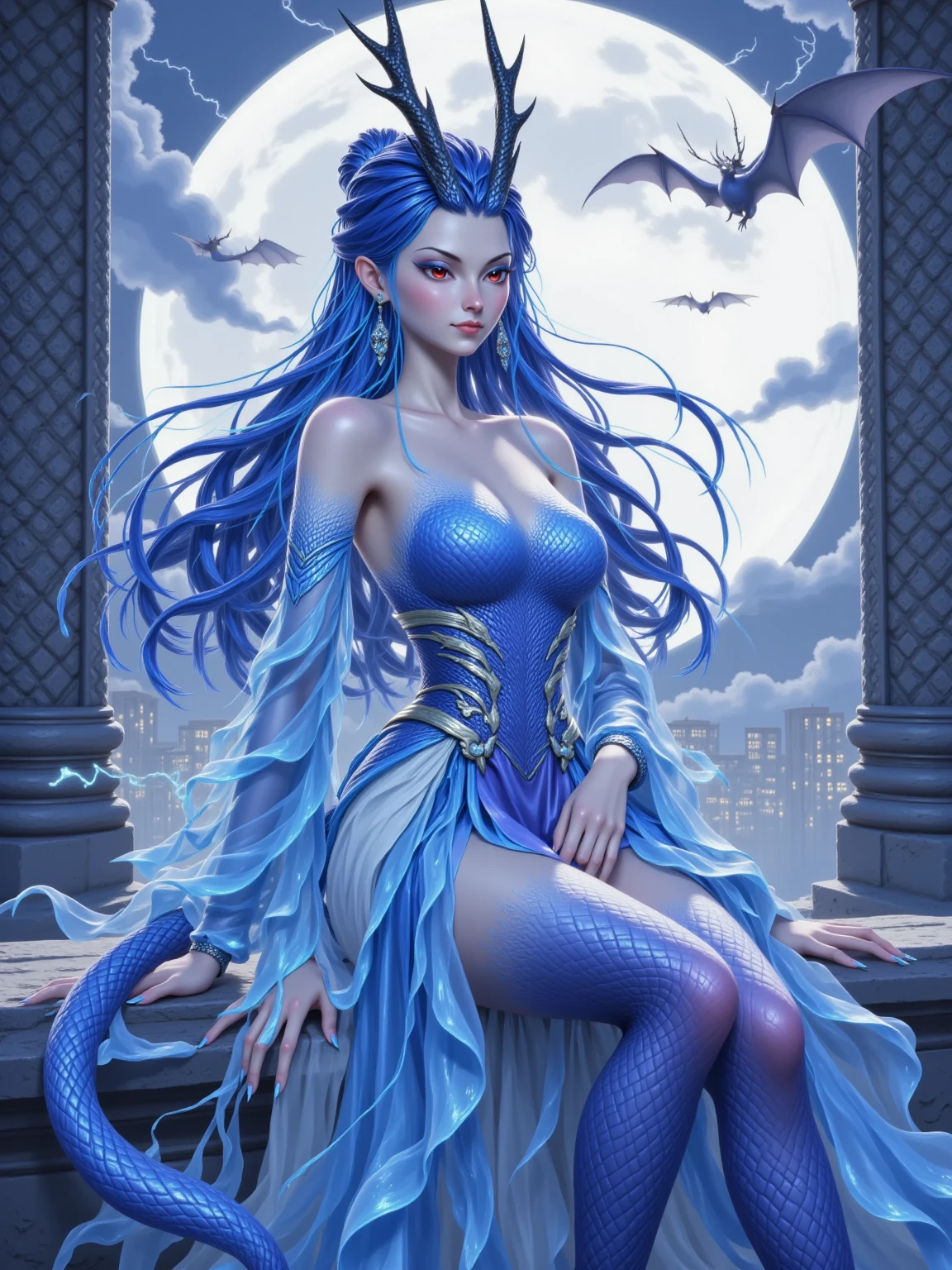 ((Highest quality、unity 8k wallpaper、32k、masterpiece、Very detailed、Ultra-high resolution、Ultra-high resolution、 Very detailedな顔, RAW Photos, Professional, Ultra-fine painting, Anatomically Correct Dragon Girl))、(((Yui Kotegawa transforms into a Blue Dragon))), kotegawayui, long hair, Yellow Eyes, ((Reptile Eyes))、mouth with sharp fangs,、((A small fin on the spine that continues to the tail))、(((Impressive lizard tail extending from tailbone))) 、(((Giant blue bat wings growing from the shoulder blades on his back)))、((Dragon legs with sharp claws、Covered in fine scales from the toes to the thighs、Covered in fine blue scales from fingertips to shoulders、Long nails on the fingertips))、Nipples are fully visible、(The boundary between the scales and the skin is unclear)、