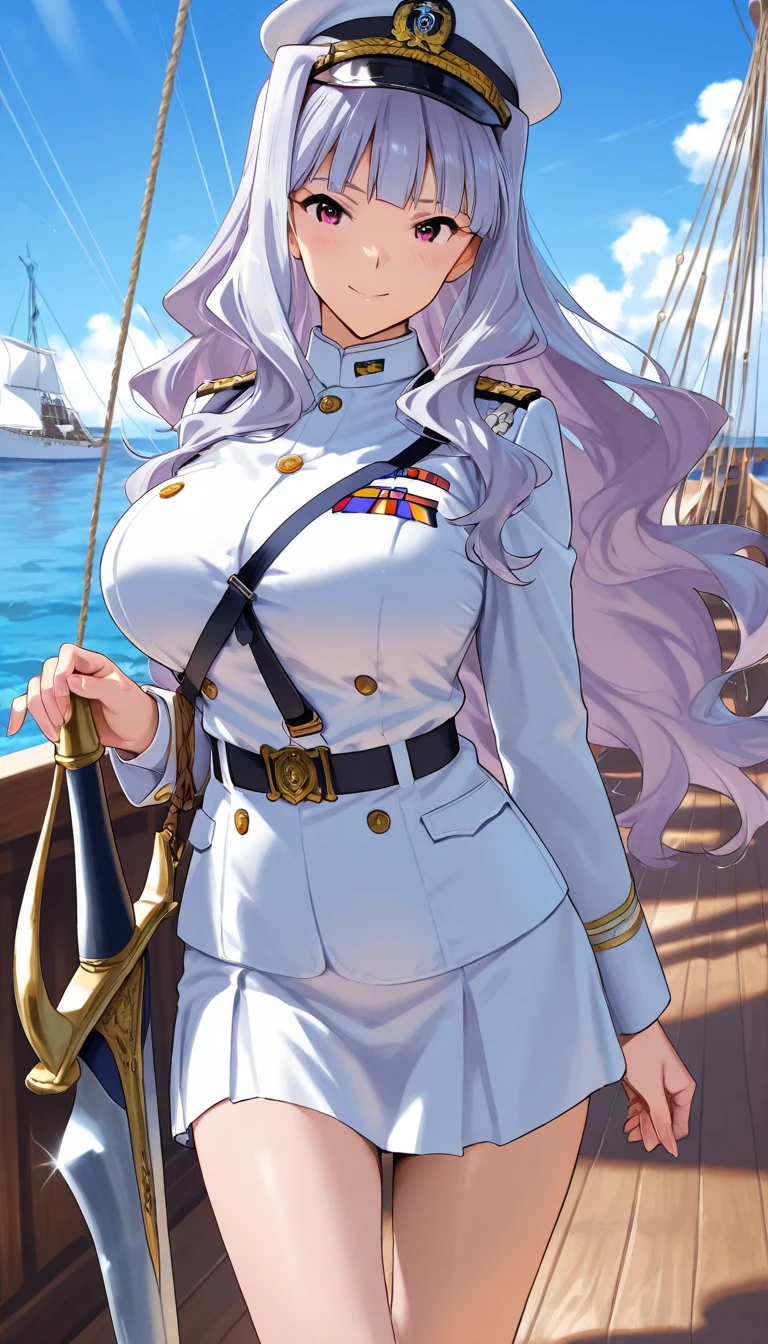1girl, police, police uniform, police hat, policewoman, dark skin, dark-skinned female, blue eyes, white hair, long hair, huge breasts, thick thighs, bikini, black bikini, blue jacket, beach, shy, timid, wavy mouth, mature female, milf, open jacjet
