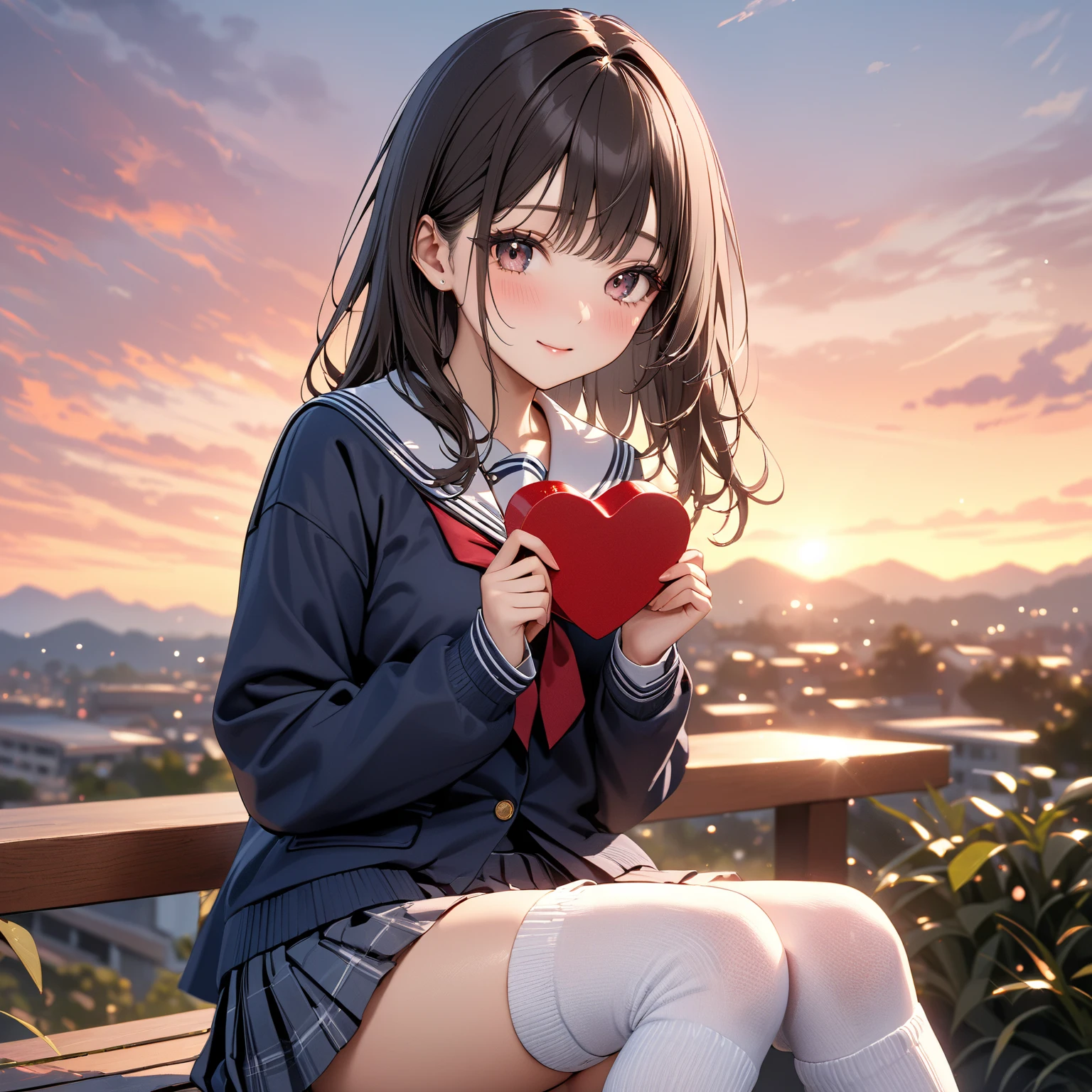high school student, School uniform、 loose socks、 enchantment, sunset, Masterpiece:1.5, Masterpiece, 最 high quality, ultra high resolution, retina, Masterpiece, accurate, anatomically accurate , textured skin, super detailed, high details, high quality, 最 high quality, Hi-Res Icon , 8k、最 high quality, 8k, 32K, Masterpiece, ultra high resolution:1.2), valentine、Give them heart-shaped chocolate、 with a shy expression、dusk、 face、