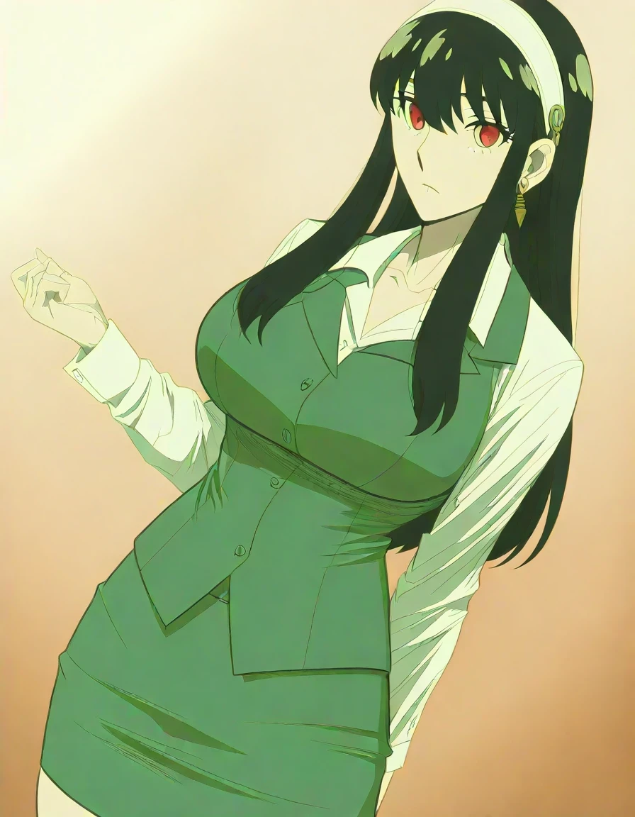 score 9 、score 8 up、score 7 up、source anime、 Masterpiece、 top quality、 Hi-Res、 high image quality、1woman、、Yor Briar、alone、 black hair、 long hair、sidelocks hair、 red eyes、white hairband、Big Breasts、 Extremely Large Breasts、collarbone、deltoids、covered midriff、covered abs、covered stomach、covered biceps、covered triceps、covered brachioradialis、covered thigh muscles、Tall Woman、 toned body 、 white shirt、 Long Sleeve、collared shirt、 green vest、 green skirt、pencil skirt、office lady、屋内で、office room、Female focus、looking at viewer、cowboy shot、 Dutch Angle、