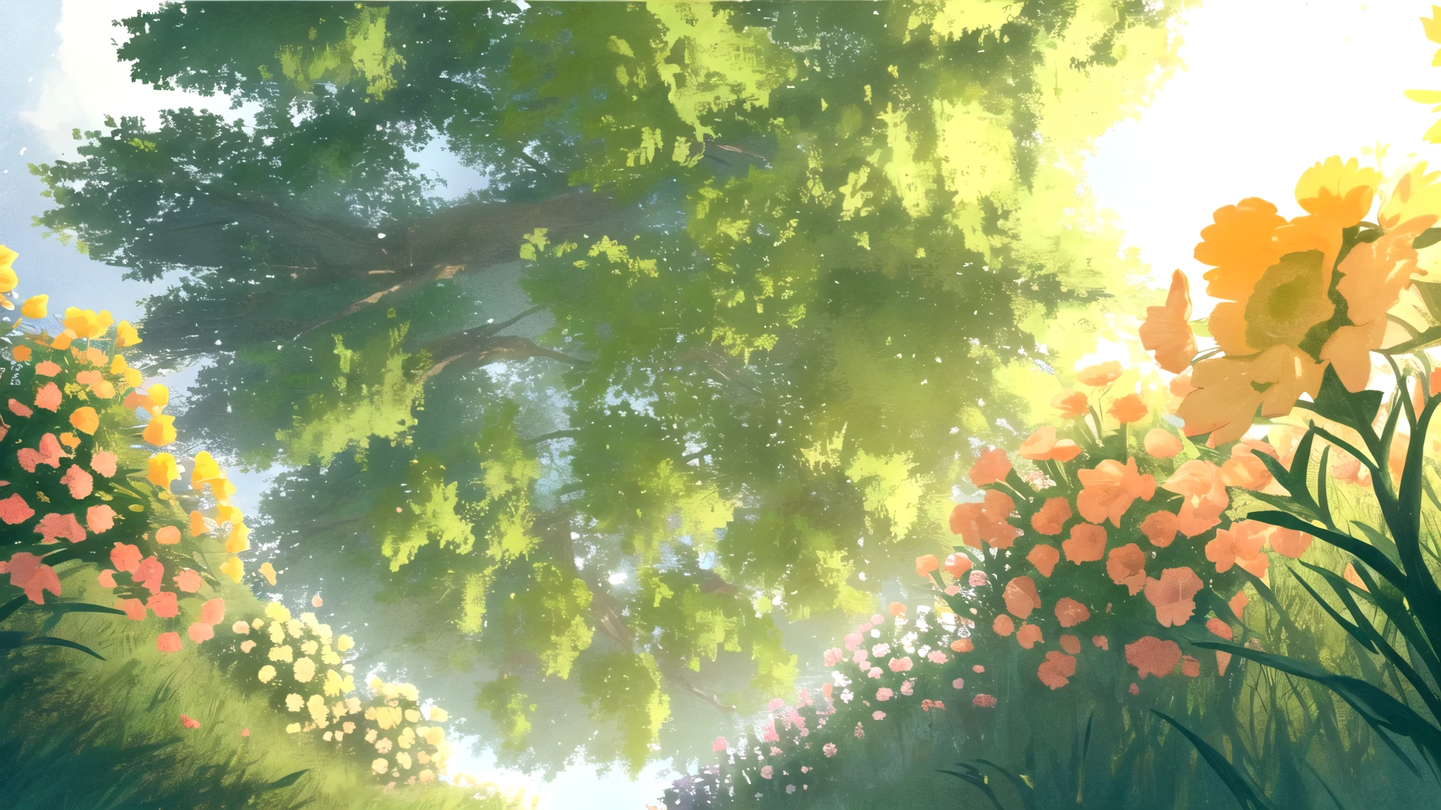 masterpiece, best quality, potg style, scenery, flowers, grasslands, from below,