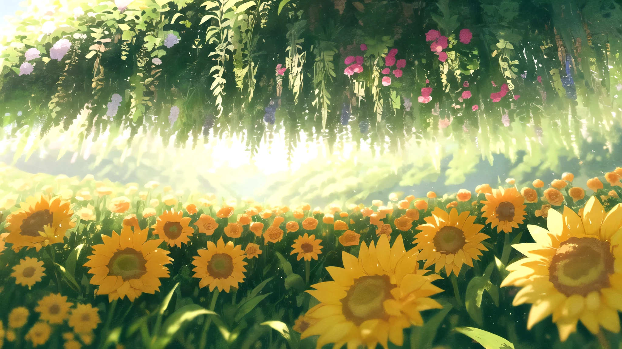 masterpiece, best quality, potg style, scenery, flowers, grasslands, from below,