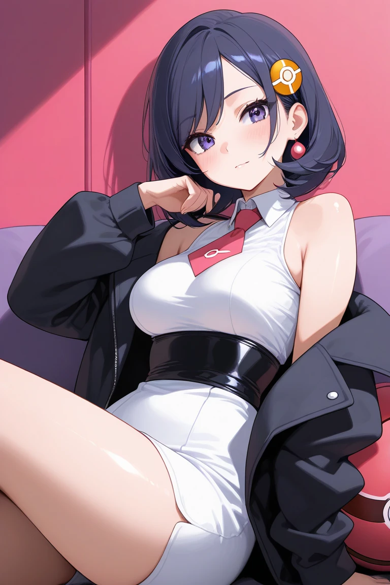 (Best shadow:1.1), ((Depth of field)), Large breasts, long sleaves, Beautiful concept illustration, (Extremely fine and beautiful:1.1), (Perfect details:1.1), Masterpiece, A high resolution|★\[A high resolution\], Best quality, (Extremely detailed Cg Unity 8K wallpaper), attractive legs, barefoot, happy, (busty), (perky) (large ass) (bubble butt), AGGA_ST003, human_feet, (purple eyes:1.5, pink poison, messy hair, black hair, low cut shirt, shirt, tight shorts that show off ass, in one piece, pyradef, sadistic smile, feet, toes, full body, sexy legs, large thighs, juicy thighs, hair between eyes, on a pirate ship, (fuuko) jacket, open jacket,