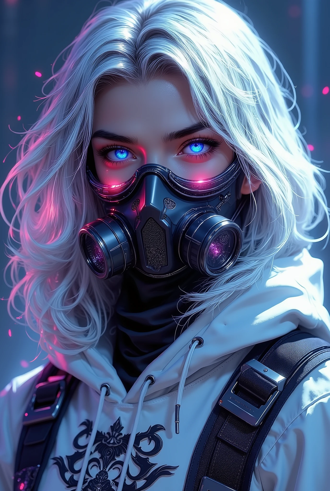 dark fantasy illustration, high detail fantasy anime, a highly stylized and vivid digital artwork featuring a futuristic and cyberpunk aesthetic. The character is adorned in a white hoodie with intricate black patterns and a skull motif, complemented by a futuristic gas mask with glowing pink accents. The hoodie is paired with a tactical vest that includes straps and buckles, adding to the overall edgy and high-tech appearance. The character's hair is white and wavy, cascading over the shoulders, and their eyes are striking with a bright blue hue, enhancing the cyberpunk vibe.