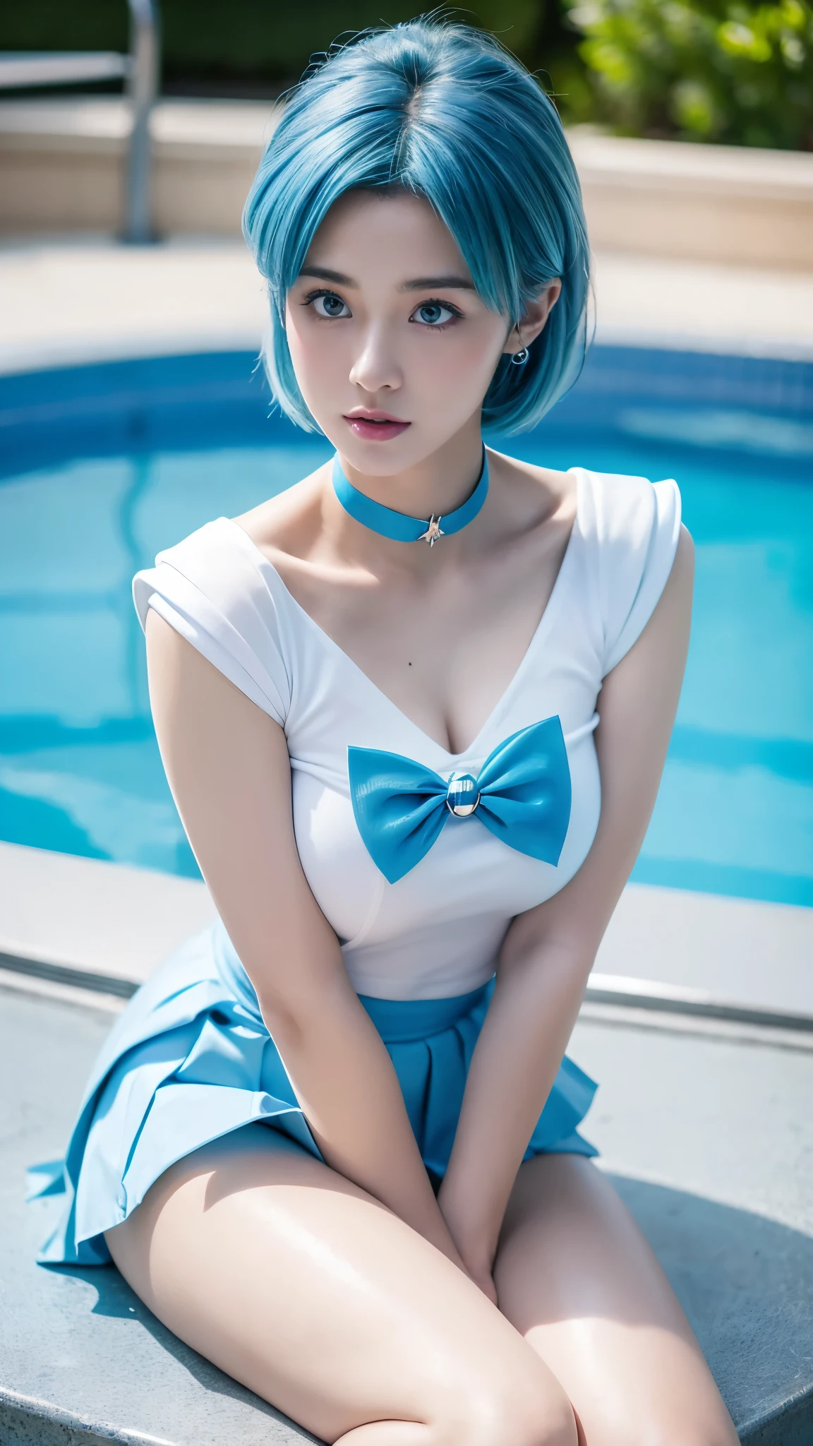 masterpiece, Highest quality, high resolution, (realistic), RAW photo, Octane rendering, Chubby face:1.1, sexy, Highest quality, Very detailed, Very accurate, Chubby face: 1.2, ((Wearing a Sailor Mercury costume)), close-up of a girl in a sailor costume posing near a swimming pool, ((Japanese girl)), anime girl cosplay, anime cosplay, cosplay, cosplay photo, realistic cosplay, anime girl in real life, full-cosplay, Sailor Mercury. beautiful, baby face, light makeup, natural makeup, big breasts, tall body posture, thin lips, pink lips, pleated skirt, super short mini skirt, realistic anime photo, professional cosplay, sailor uniform, Sailor Mercury style, light blue skirt, light blue sailor collar, light blue choker, large butterfly bow on the chest, ((sea blue butterfly bow)), (((light blue hair))), short hair, characteristic Sailor Mercury hair, long gloves, white gloves, ((blue eyes)), tiara, earrings, (((background by the poolside))), body drawn perfectly, perfect hands and feet, perfect finger details, Sailor Mercury, cosplay Sailor Mercury, realistic