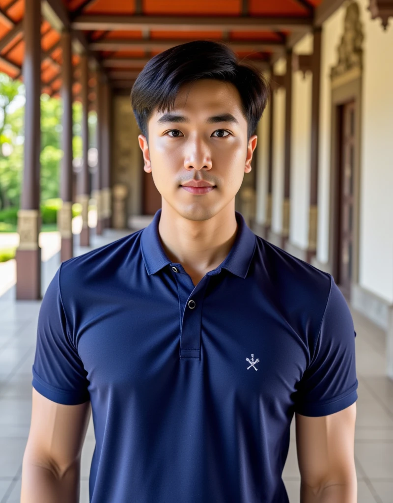 (best quality, 4K, 8K, high resolution, Masterpiece: 1.2), Special details, (realistically, As realistic as a photo, photo realistic: 1.37), Edge lighting, Extra detailed coloring, sharp focus, Physical rendering ,Extremely detailed description,professional,light color,Bokeh,Portrait,look at the viewer,
Young Asian man, 20 years old ,(Wear a crimson polo shirt.), smile