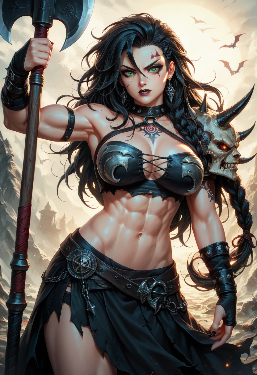 A muscular 35-year-old warrior woman almost naked in the Simon Bisley style for the cover of Heavy Metal magazine, hair half black half white, Minimum clothing, Short clothes,