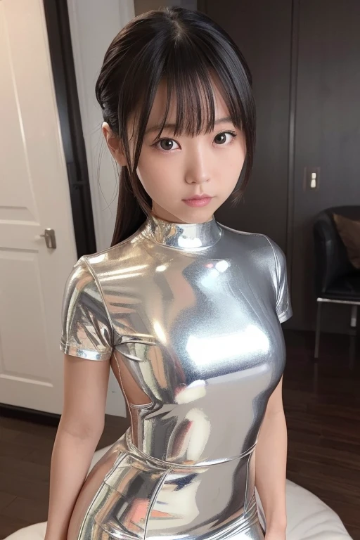 8k, High resolution, Very detailed, masterpiece, highest quality,（10歳のIdol：1.5）、Facial expressions like in the photo、日本people々々々の女の子1people々々々、 (Ultra shiny metallic silver latex nurse uniform:1.3), 、The arms are bare skin、Accurate finger painting、Ultra tight sheer metallic silver latex nurse uniform、A normal  girl、(Photographed in the operating room：1.4)、Perfectly bright lighting、Super tight metallic silver nurse uniform、Short ponytail hairstyle、Hair color is black、Beautiful black hair、10 year oldBody Shot、rounded jaw contour,,,,,,、(Cute face without makeup：1.3)、people々々々々Make you smile、（Very short skirt：1.3)、Super tight silhouette、Idol、Nurse uniforms are monochromatic。、Small breasts、Small Bust,Full body photo