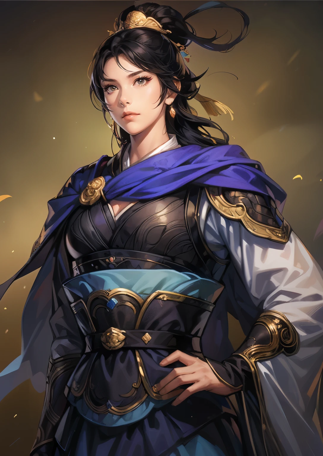 (((Maintain color ))), ((( picture style maintenance ))), (( Koei Three Kingdoms illustration style)), ((Maintain the composition)), san14:1.5,  attractive woman ,  dark background , (( Natural Hands )), (( black hair)), Eyes that look down