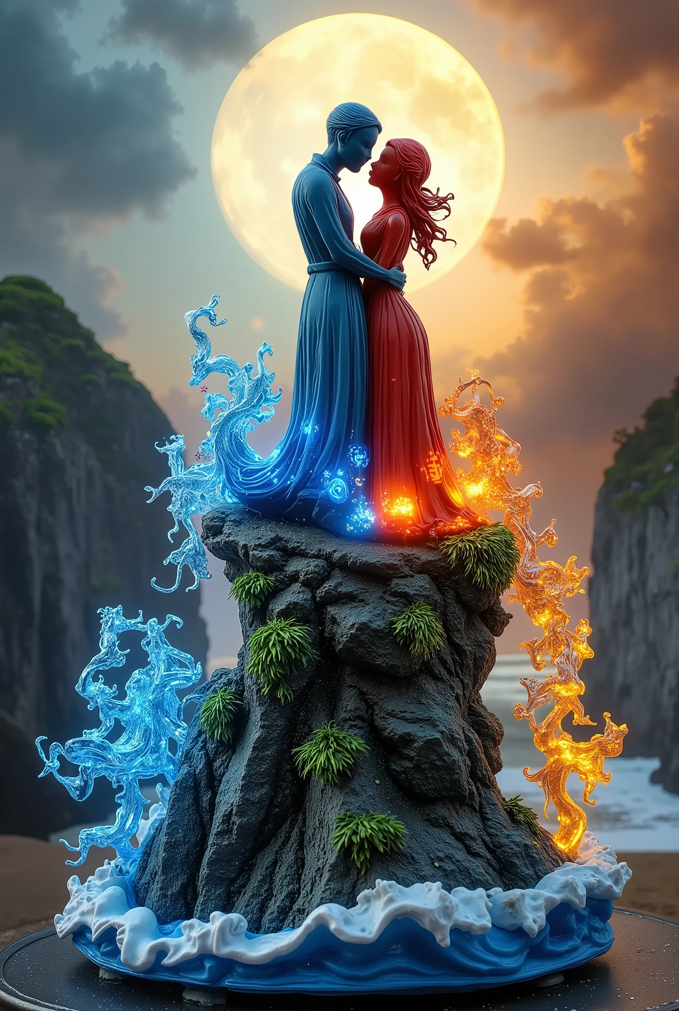 A mythical illustration of [Kissing Couple Figurine] within an Arcane Mountain-Sea Nexus, adorned with Enchanted Glyphs of Eternal Bonds. The lovers stand atop a Floating Crystal Peak, their silhouettes glowing in transcendent hues of [Sapphire Blue] and [Sunset Gold]. Below, Celestial Waves crash against jagged cliffs shaped like intertwined dragons, while Luminescent Vines (symbolizing unbreakable connection) spiral around their feet. The sky is a Dual Aurora—one half swirling with stormy grays, the other ablaze with warm light—mirroring "Love Conquers Mountains and Seas." Hyper-detailed, ethereal textures, Ukiyo-e-inspired linework with a touch of Cyberpunk neon accents.

