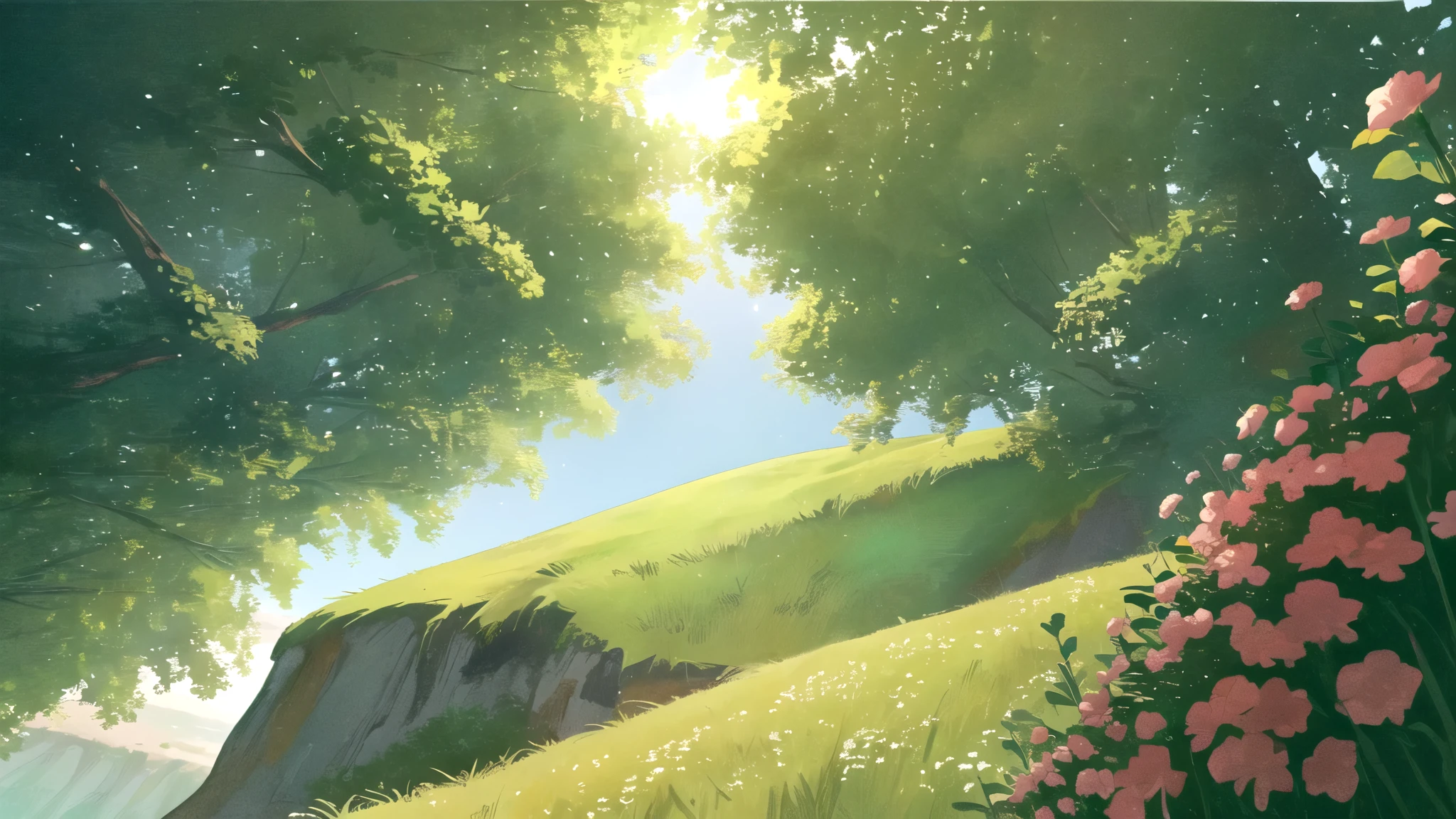 masterpiece, best quality, potg style, scenery, flowers, grasslands, from below,