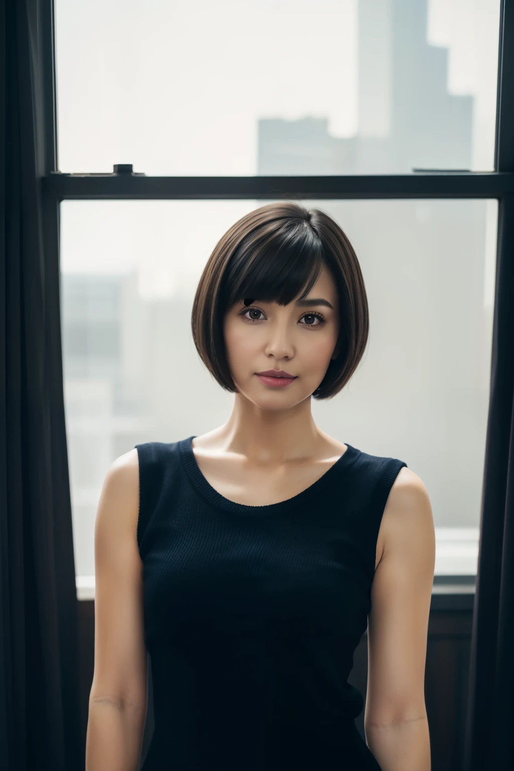 1 girl,Very beautiful 30 year old Japanese woman、Very short hair、Imagine、cleveage、wind、Overcast skies、Model-like figure、 external、shirt、Open your legs、High level of image quality、Best image quality、Look at the camera、Focus on the eyes、Bold、Blade Runner、View from below、thigh、butt、