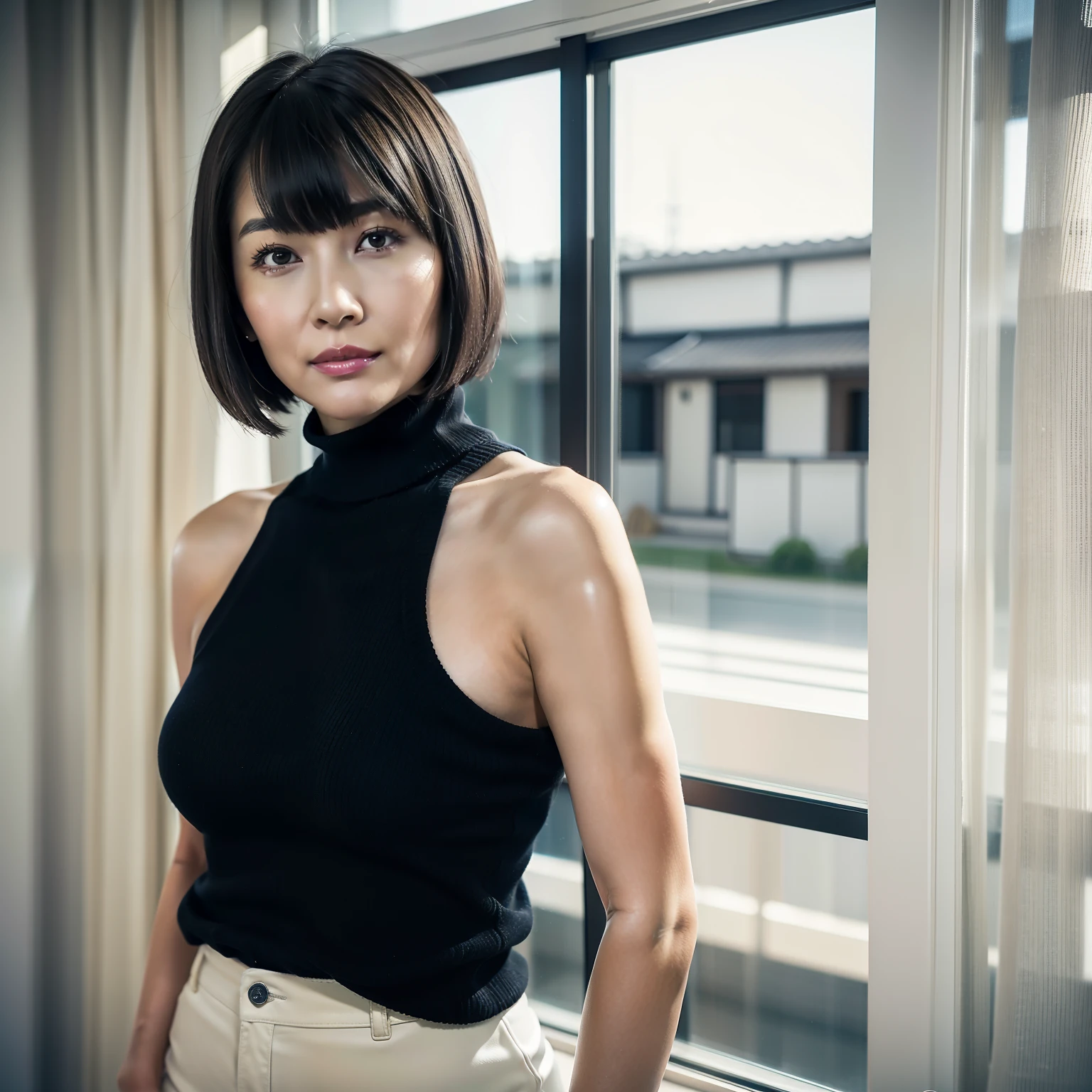 ​masterpiece、8K、32K、top-quality、(A detailed eye)、(A cute Japanese woman)、23years old、(2 girls in:1.4)、elegent、(Detailed background depiction), BREAKJapan alley、is standing、Sunlight、during daytime、(smile:1.2)、(cowboy shot),(braless:1.4),(slender body:1.5), BREAK (Black very short wavy pixie hair over one eye:1.3),cleavage,Glasses, BREAK (wearing sleeveless floral pattern onepiece dress:1.2)、