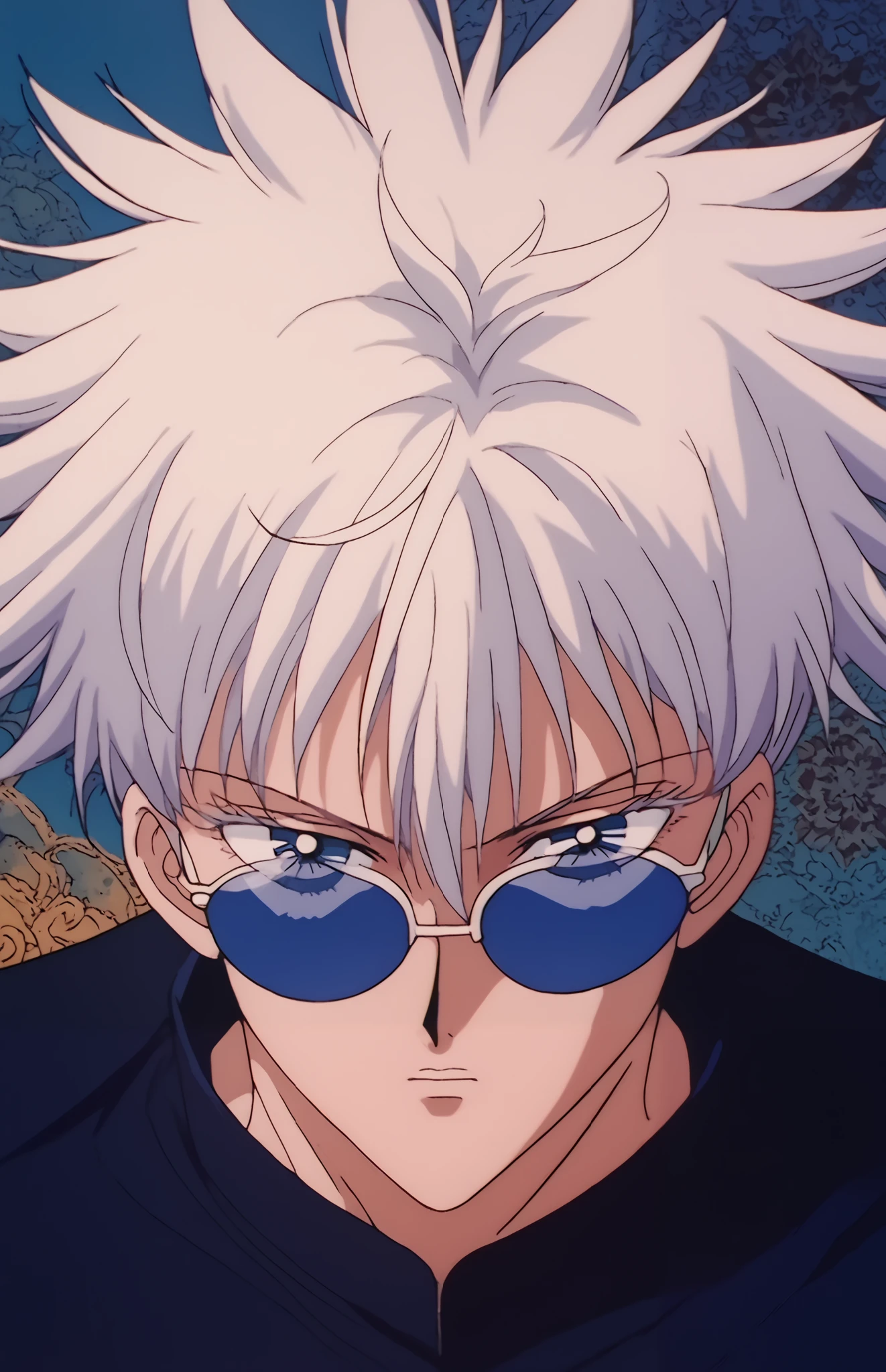 masterpiece, best quality,score_9, score_8_up, score_7_up, score_6_up, BREAK, source_anime, rating_explicit, masterpiece, best quality, detailed background
short hair, 1boy, white hair,spiked hair, gojou satoru, blue eyes, colored eyelashes, hair between eyes, black jacket, round sunglasses,upper body, expressionless, looking at viewer,