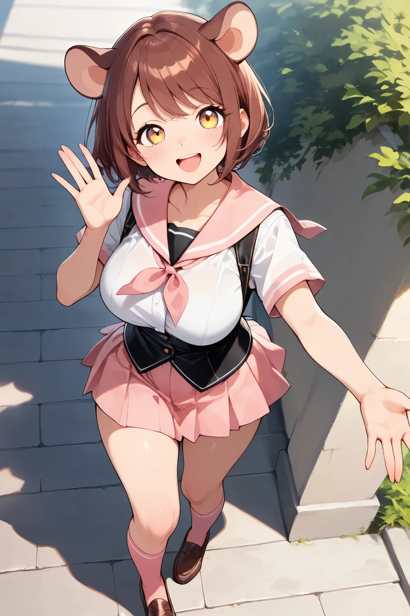 Hamuko-chan ,  ( beautiful skinned woman:1.6, Reddish brown hair,  short hair,  almond-colored eyes ,  Open Your Mouth ,  smile),  beauty,  furry,  beautiful lips,  very detailed目と顔,  long eyelashes, Round ears,  beautiful big breasts,  perfect face,  perfect hand,  perfect leg,  perfect fingertips, (pink sailor suit,  pink pleated skirt, pink knee high socks ,  brown loafers that put a human soul into the body), cute pose,  looking up ,  hand waving pose, Quiet,  light shining in ,( top quality:1.2,  very detailed,  high detailed CG illustration ,  soft focus,  Masterpiece:1.2,  Best Aesthetics),
