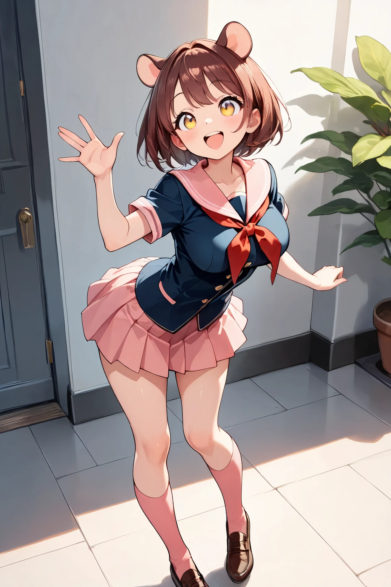 Hamuko-chan , ( beautiful skinned woman:1.6, Reddish brown hair, short hair, almond-colored eyes , Open Your Mouth , smile), beauty, furry, beautiful lips, very detailed目と顔, long eyelashes, Round ears, beautiful big breasts, perfect face, perfect hand, perfect leg, perfect fingertips, (pink sailor suit, pink pleated skirt, pink knee high socks , brown loafers that put a human soul into the body), cute pose, looking up , hand waving pose, Quiet, light shining in ,( top quality:1.2, very detailed, high detailed CG illustration , soft focus, Masterpiece:1.2, Best Aesthetics),