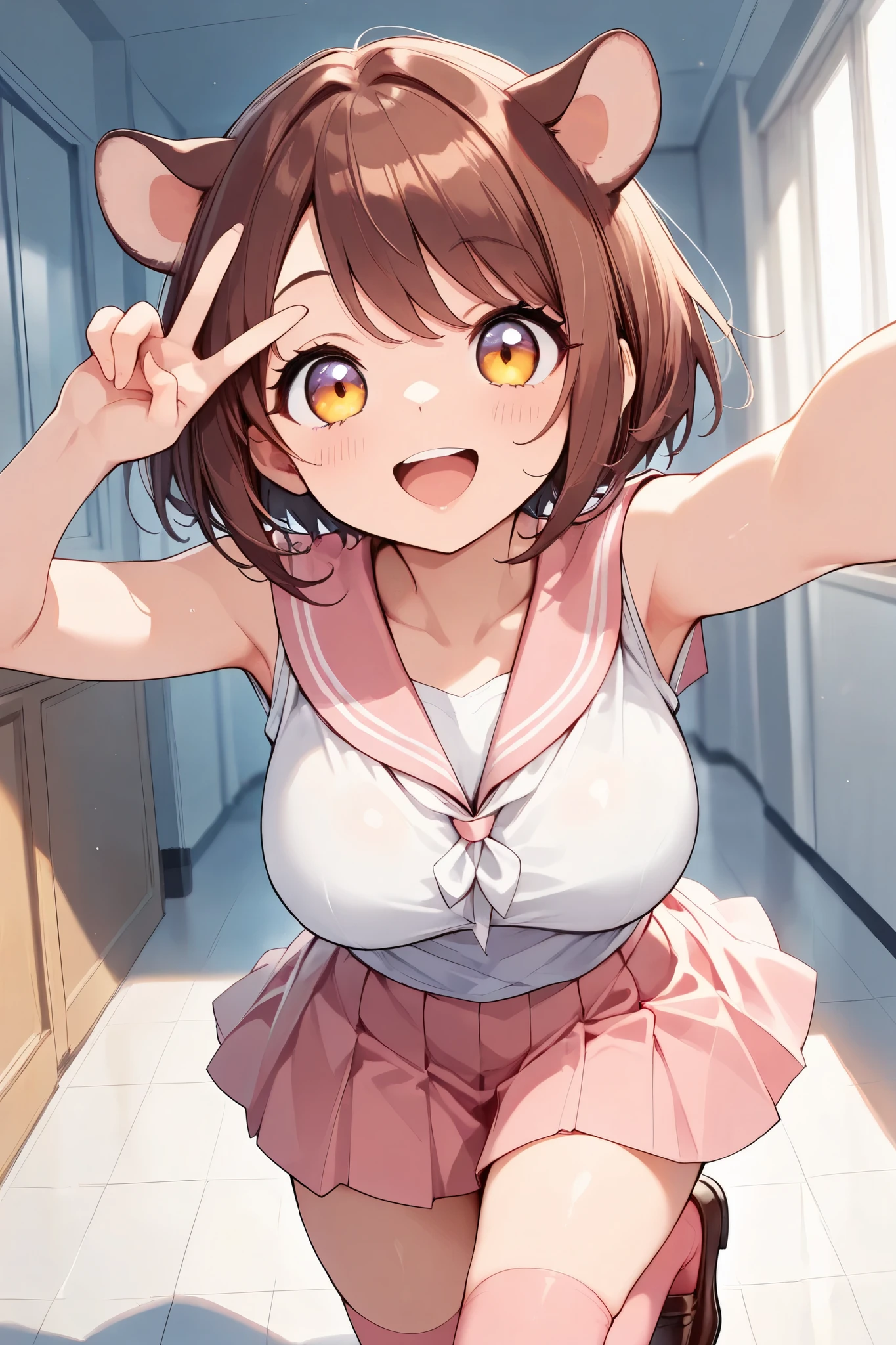 Hamuko-chan , ( beautiful skinned woman:1.6, Reddish brown hair, short hair, almond-colored eyes , Open Your Mouth , smile), beauty, furry, beautiful lips, very detailed目と顔, long eyelashes, Round ears, beautiful big breasts, perfect face, perfect hand, perfect leg, perfect fingertips, (pink sailor suit, pink pleated skirt, pink knee high socks , brown loafers that put a human soul into the body), cute pose, low angle, V sign next to face, Quiet, light shining in ,( top quality:1.2, very detailed, high detailed CG illustration , soft focus, Masterpiece:1.2, Best Aesthetics),