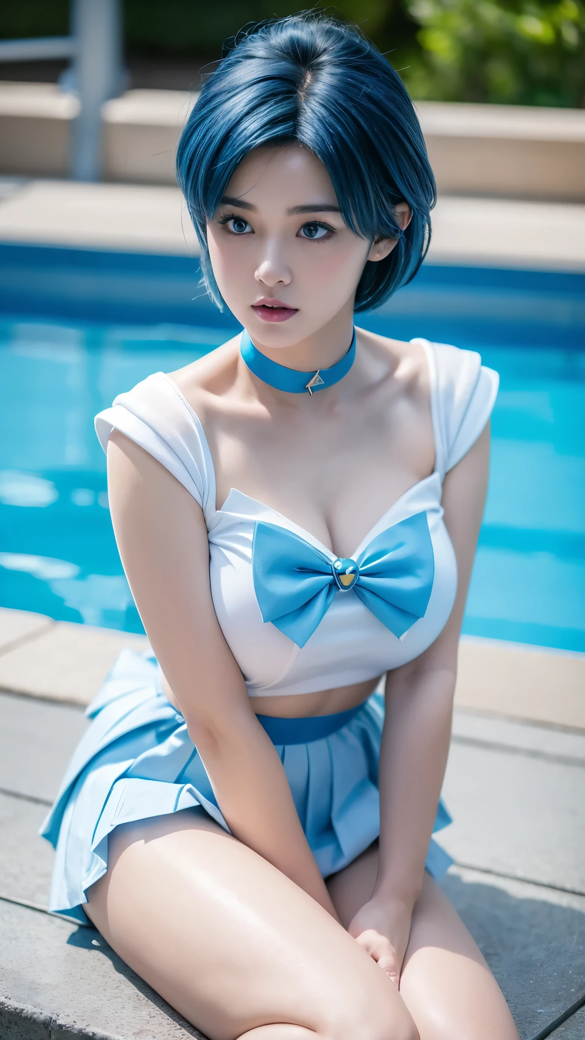 masterpiece, Highest quality, high resolution, (realistic), RAW photo, Octane rendering, Chubby face:1.1, sexy, Highest quality, Very detailed, Very accurate, Chubby face: 1.2, ((Wearing a Sailor Mercury costume)), close-up of a girl in a sailor costume posing near a swimming pool, ((Japanese girl)), anime girl cosplay, anime cosplay, cosplay, cosplay photo, realistic cosplay, anime girl in real life, full-cosplay, Sailor Mercury. beautiful, baby face, light makeup, natural makeup, big breasts, tall body posture, thin lips, pink lips, pleated skirt, super short mini skirt, realistic anime photo, professional cosplay, sailor uniform, Sailor Mercury style, blue skirt, blue sailor collar, blue choker, large butterfly bow on the chest, ((light blue butterfly bow)), (((blue hair))), short hair, characteristic Sailor Mercury hair, long gloves, white gloves, ((blue eyes)), tiara, earrings, (((background by the poolside))), body drawn perfectly, perfect hands and feet, perfect finger details, Sailor Mercury, cosplay Sailor Mercury, realistic