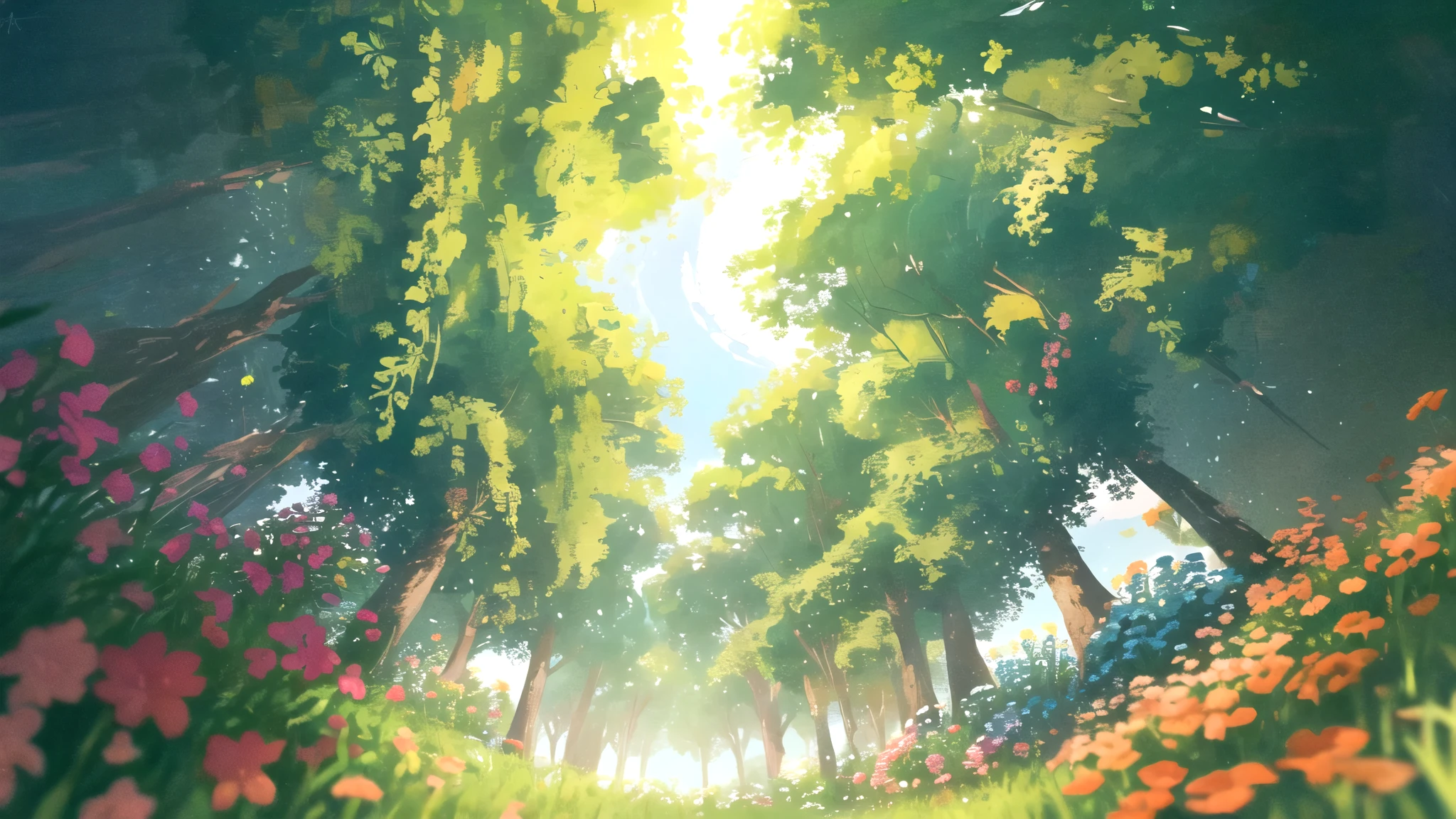 masterpiece, best quality, potg style, scenery, flowers, grasslands, from below,