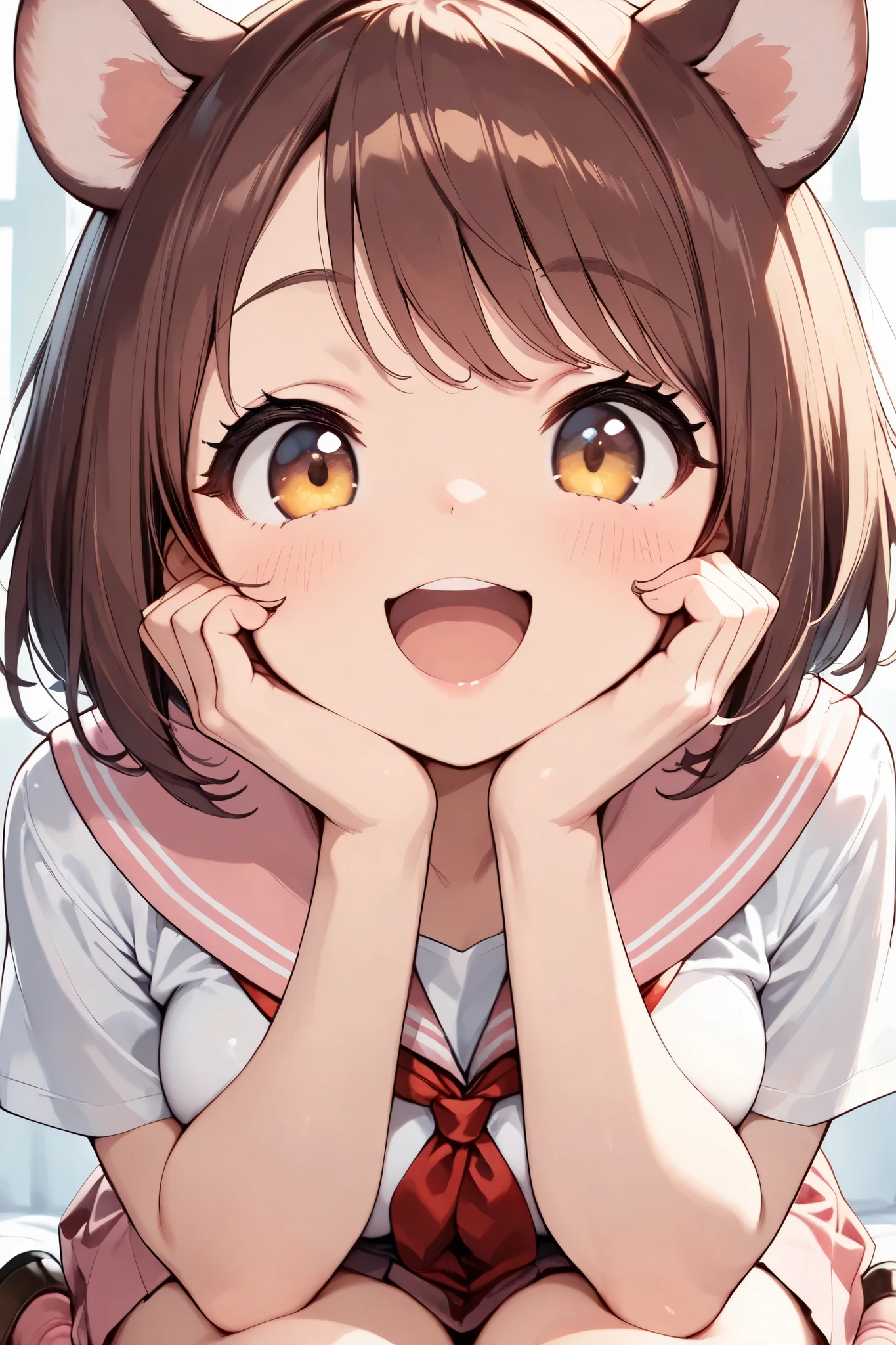 Hamuko-chan , ( beautiful skinned woman:1.6, Reddish brown hair, short hair, almond-colored eyes , Open Your Mouth , smile), beauty, furry, beautiful lips, very detailed目と顔, long eyelashes, Round ears, beautiful big breasts, perfect face, perfect hand, perfect leg, perfect fingertips, (pink sailor suit, pink pleated skirt, pink knee high socks , brown loafers that put a human soul into the body), cute pose, face close-up, cover your cheeks with both hands, Quiet, light shining in ,( top quality:1.2, very detailed, high detailed CG illustration , soft focus, Masterpiece:1.2, Best Aesthetics),