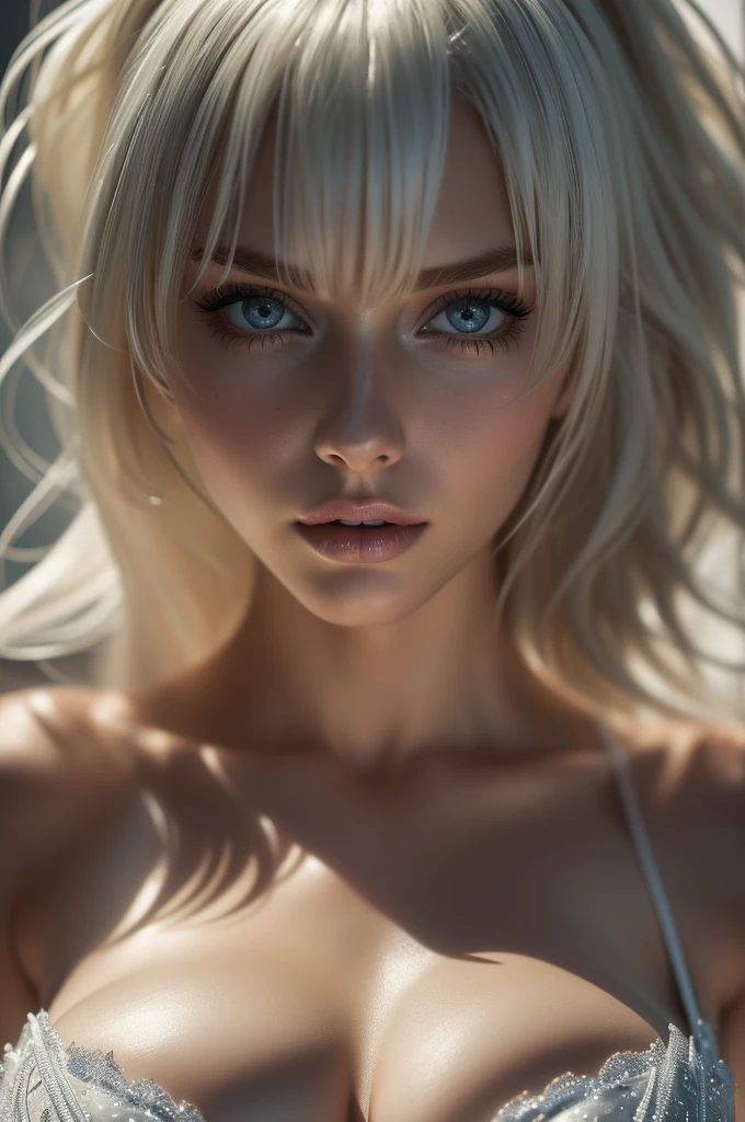Felicia Hardy, sexy woman, Ultra detailed beautiful woman, voluminous breasts, of a 25-year-old woman, Stunningly beautiful, white color hair, wavy long hair, light-green color eyes, very long eyelashes, Stunningly beautiful face, holographic, ultra detailed illustration, hit definition, Very bold and bright colors, 32K resolution, ( black dress ) , Best Quality, voluminous lighting, masterpiece, ultra realistic , High-quality detailing