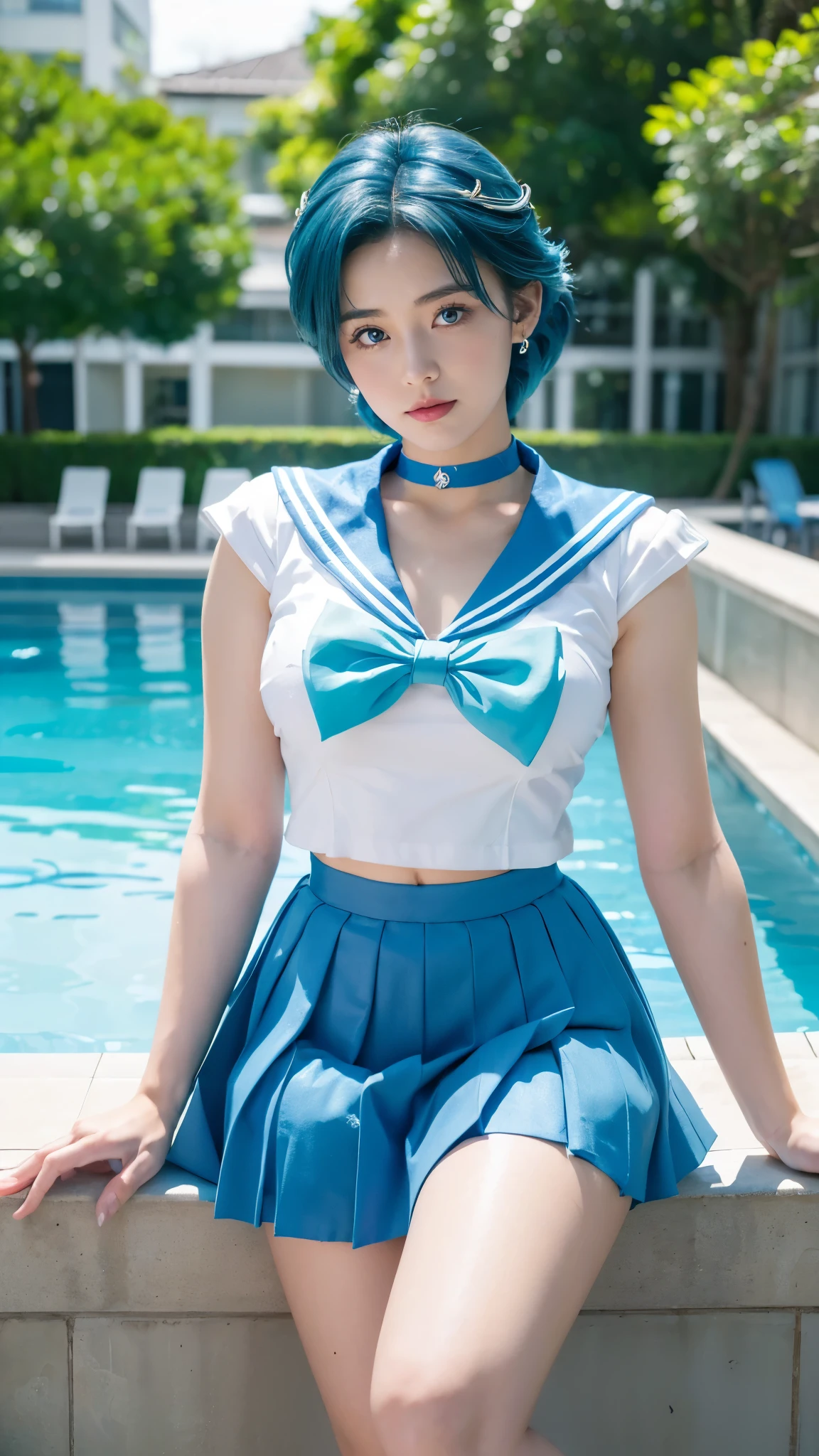 masterpiece, Highest quality, high resolution, (realistic), RAW photo, Octane rendering, Chubby face:1.1, sexy, Highest quality, Very detailed, Very accurate, Chubby face: 1.2, ((Wearing a Sailor Mercury costume)), close-up of a girl in a sailor costume posing near a swimming pool, ((Japanese girl)), anime girl cosplay, anime cosplay, cosplay, cosplay photo, realistic cosplay, anime girl in real life, full-cosplay, Sailor Mercury. beautiful, baby face, light makeup, natural makeup, big breasts, tall body posture, thin lips, pink lips, pleated skirt, super short mini skirt, realistic anime photo, professional cosplay, sailor uniform, Sailor Mercury style, (((bright blue skirt, bright blue sailor collar, bright blue choker))), large butterfly bow on the chest, ((sea blue butterfly bow)), (((light blue hair))), short hair, characteristic Sailor Mercury hair, long gloves, white gloves, ((blue eyes)), tiara, earrings, (((background by the poolside))), body drawn perfectly, perfect hands and feet, perfect finger details, Sailor Mercury, cosplay Sailor Mercury, realistic